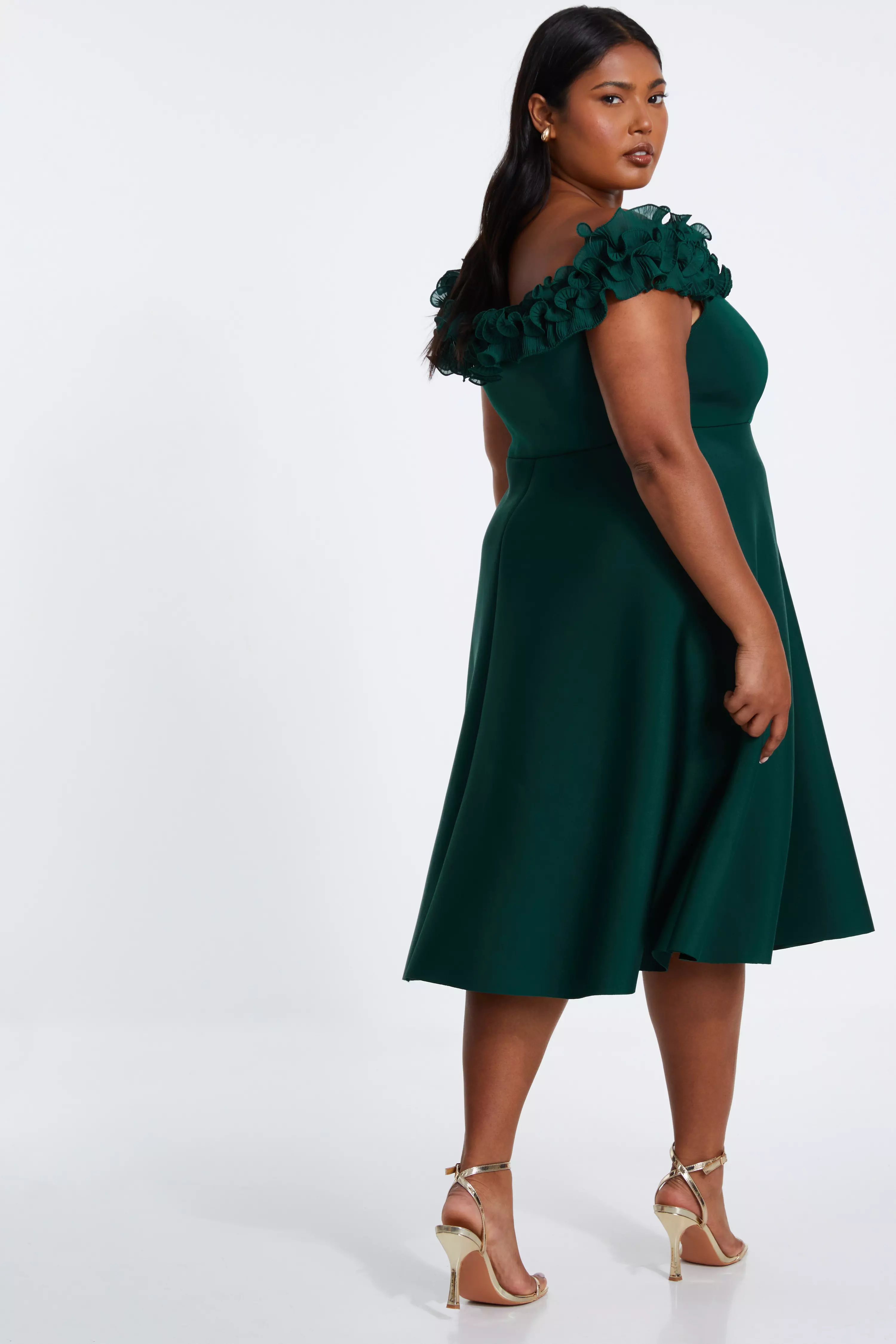 Curve Bottle Green Bardot Skater Midi Dress