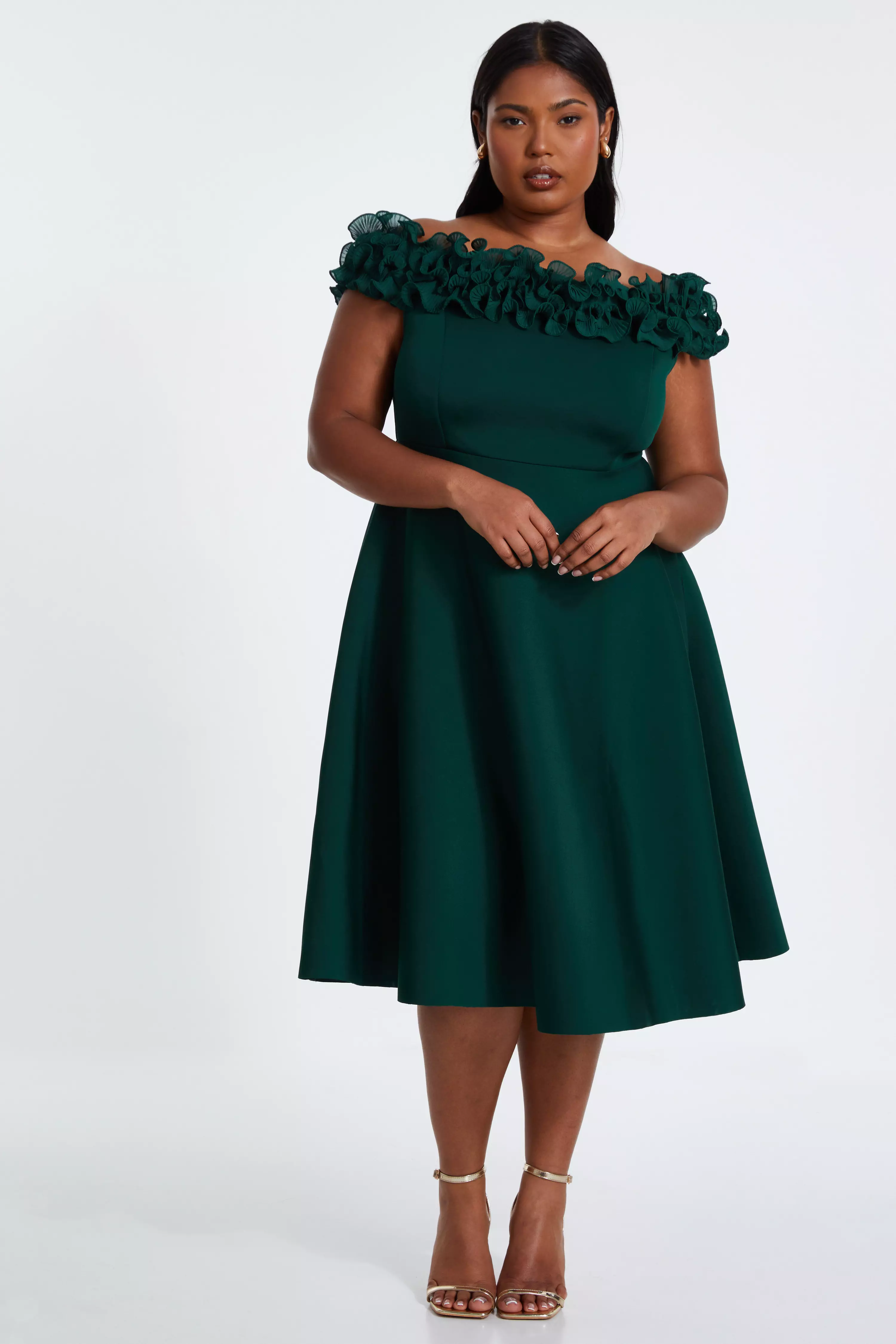 Curve Bottle Green Bardot Ruffle Skater Midi Dress