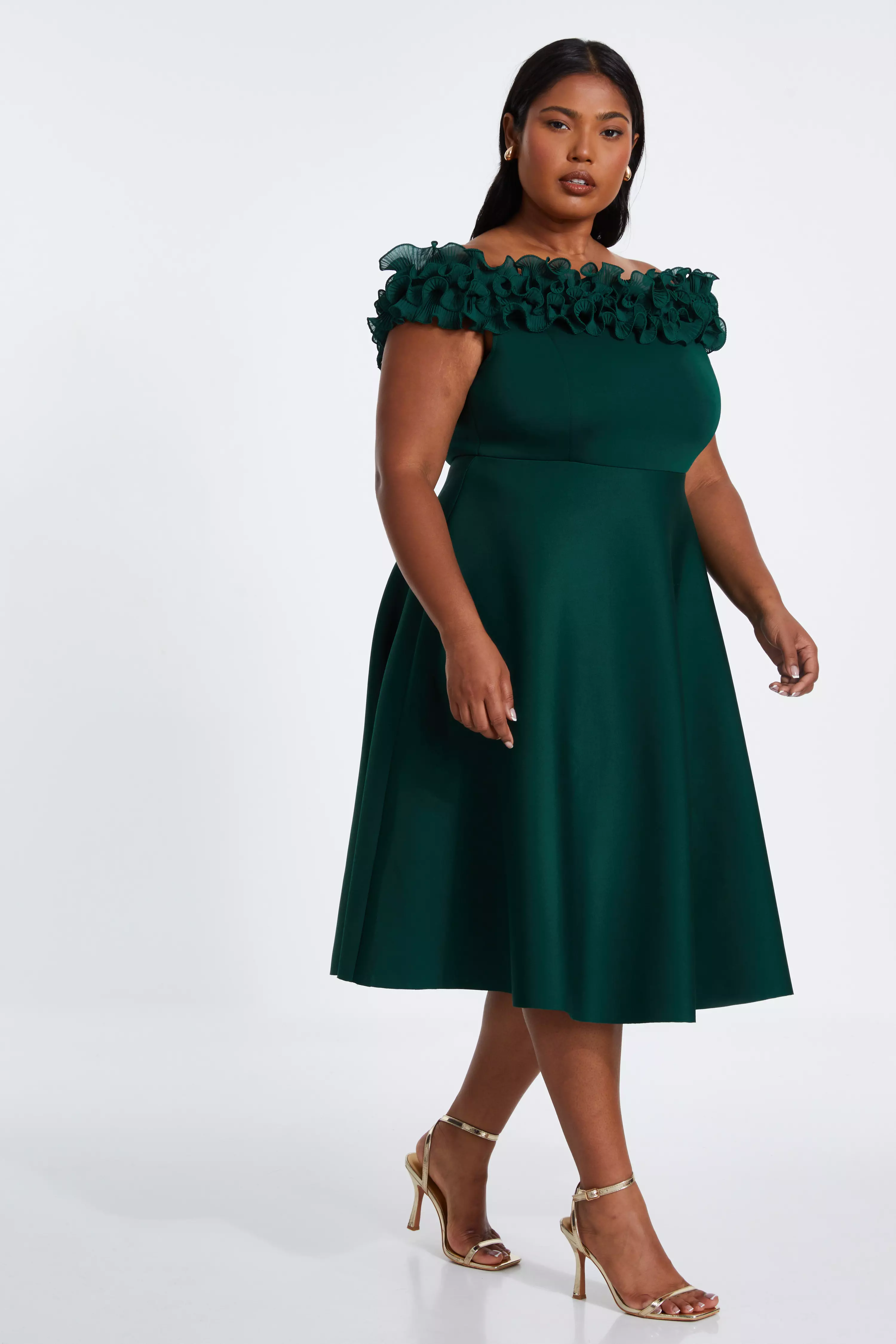 Curve Bottle Green Bardot Skater Midi Dress