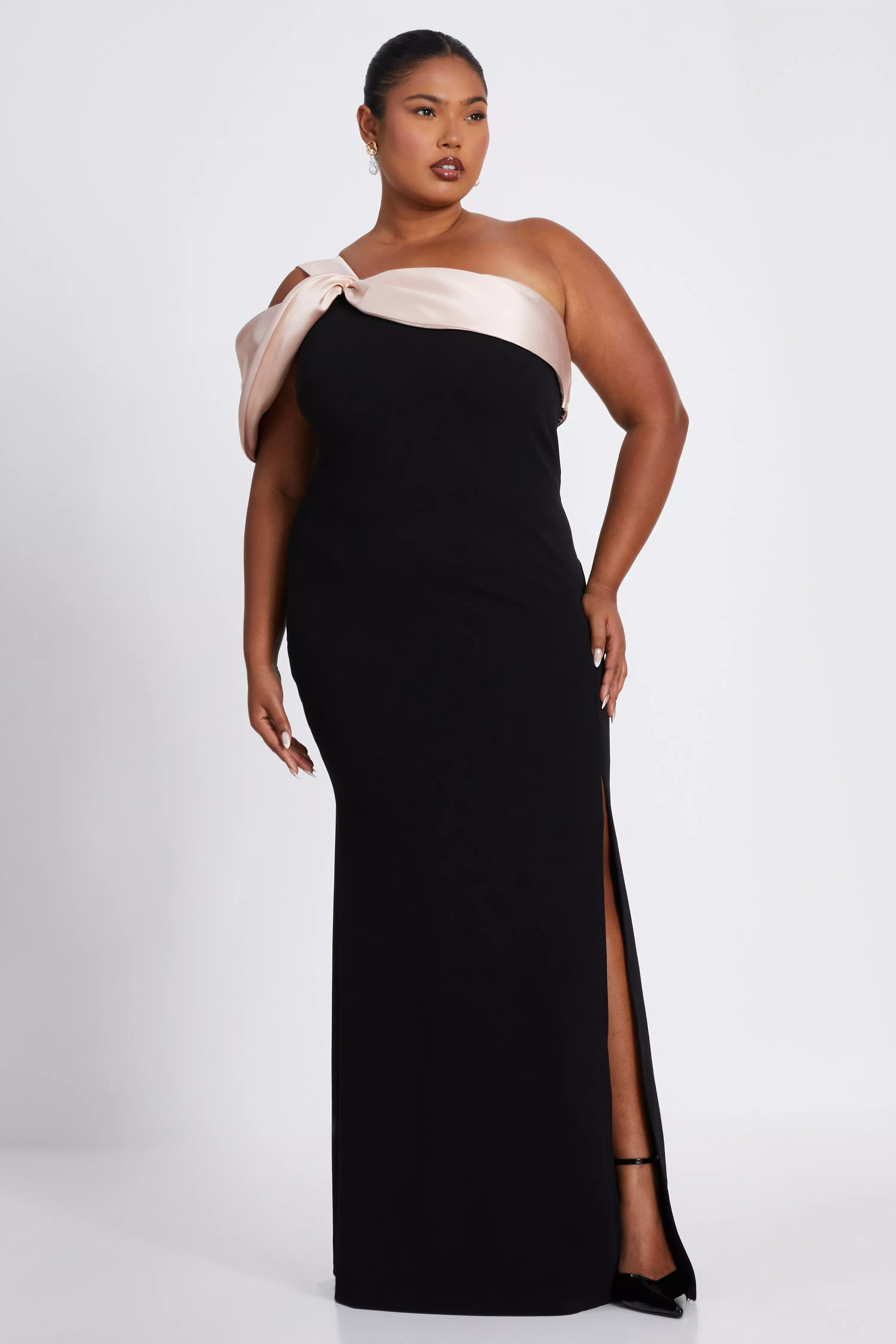 Curve Black Satin Off the Shoulder Maxi Dress