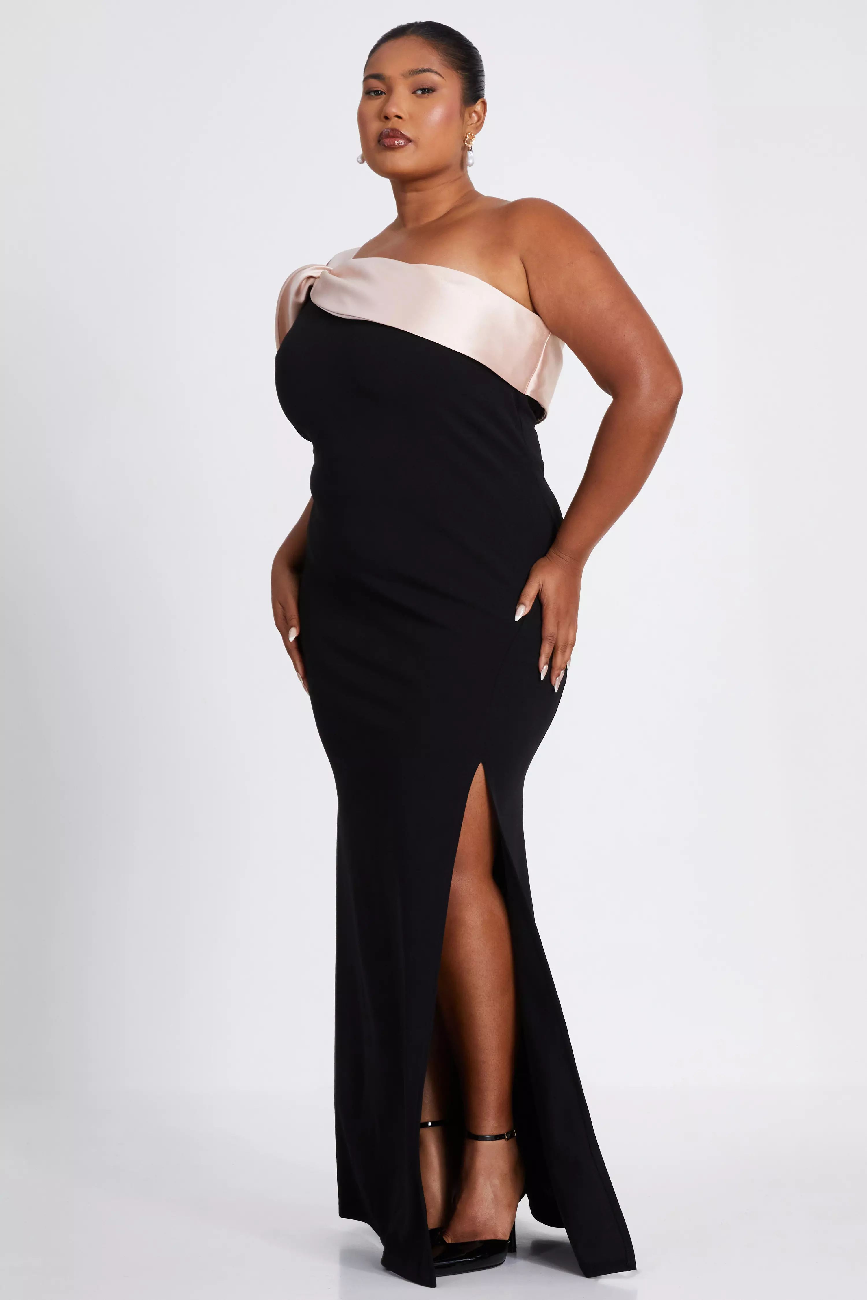 Curve Black Satin Off the Shoulder Maxi Dress