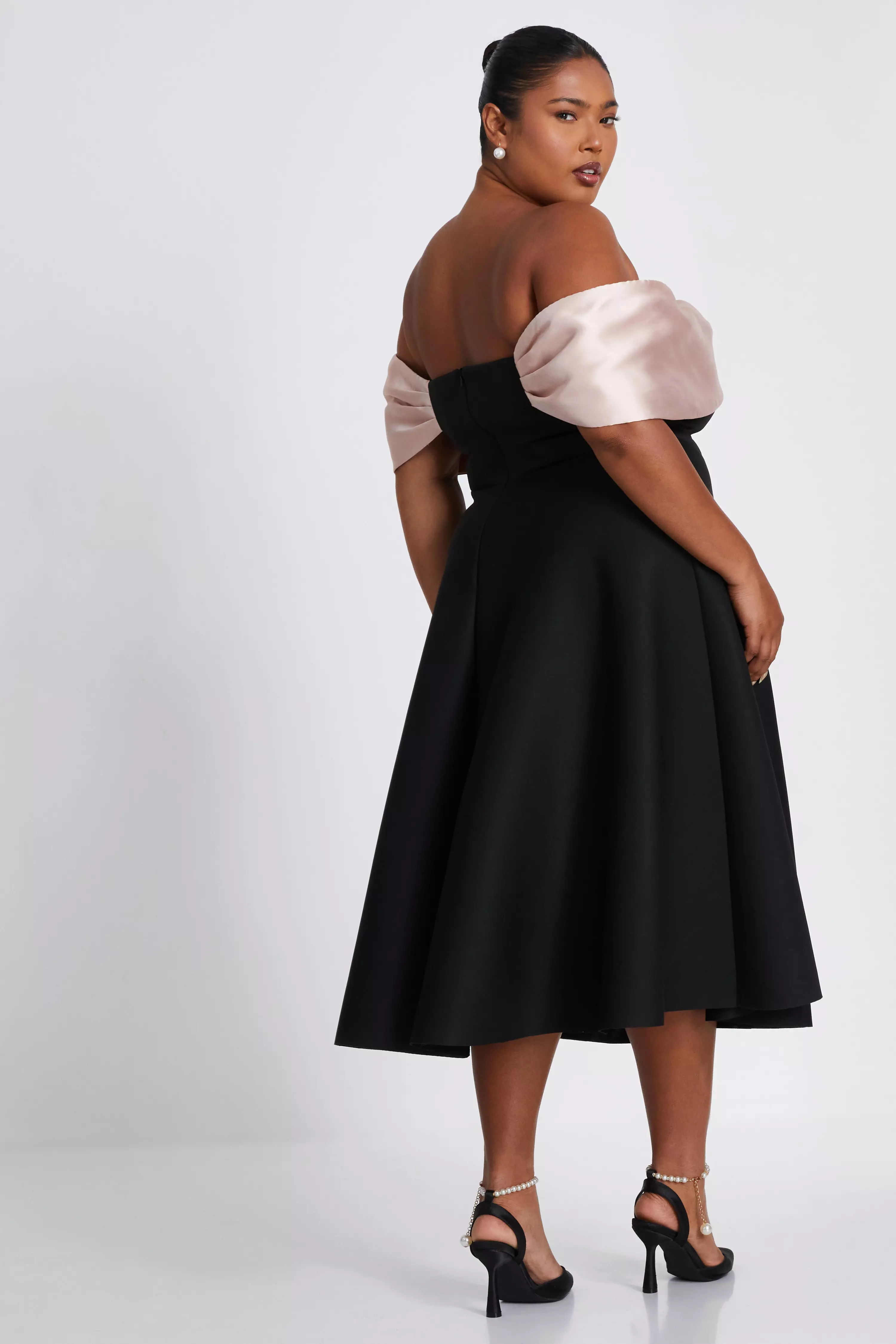 Curve Black Contrast Bardot Skater Midi Dress