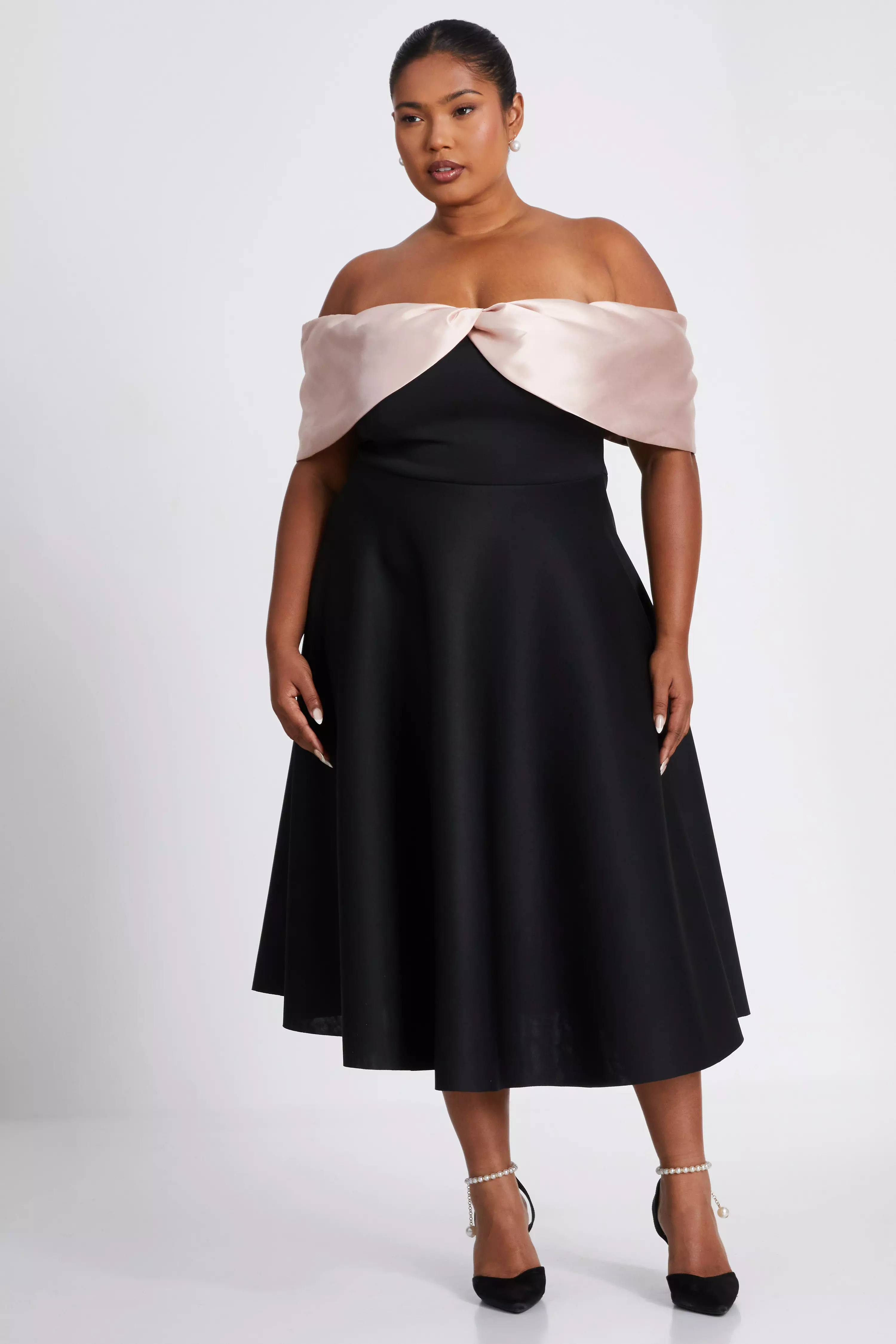 Curve Black Contrast Bardot Skater Midi Dress