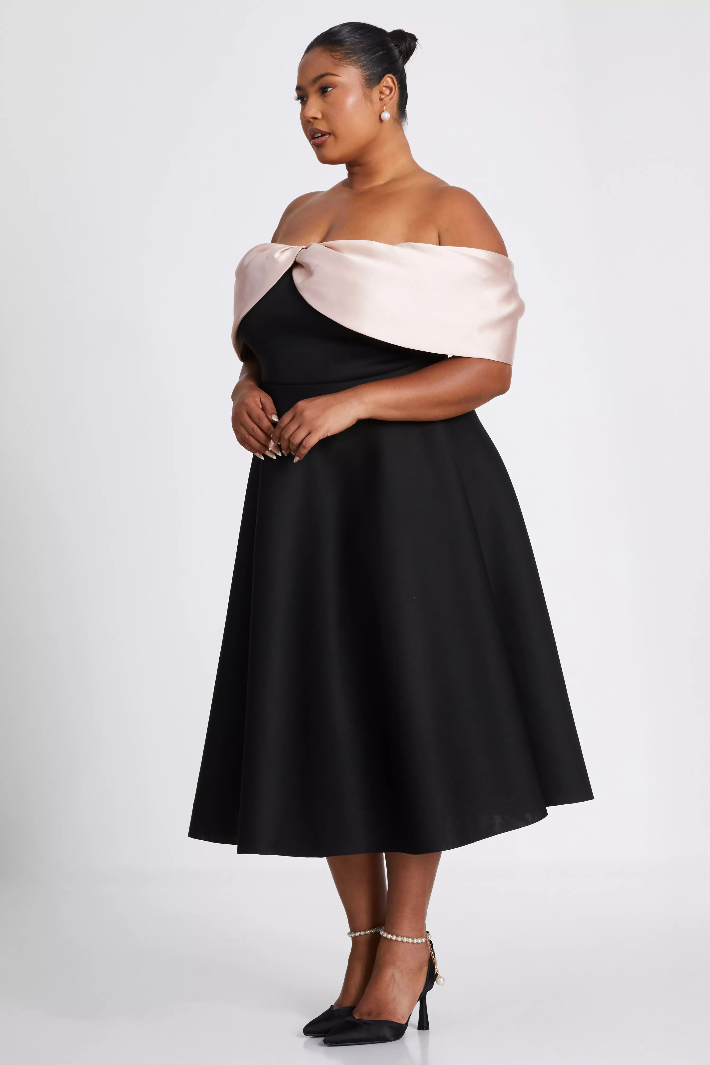 Curve Black Contrast Bardot Skater Midi Dress