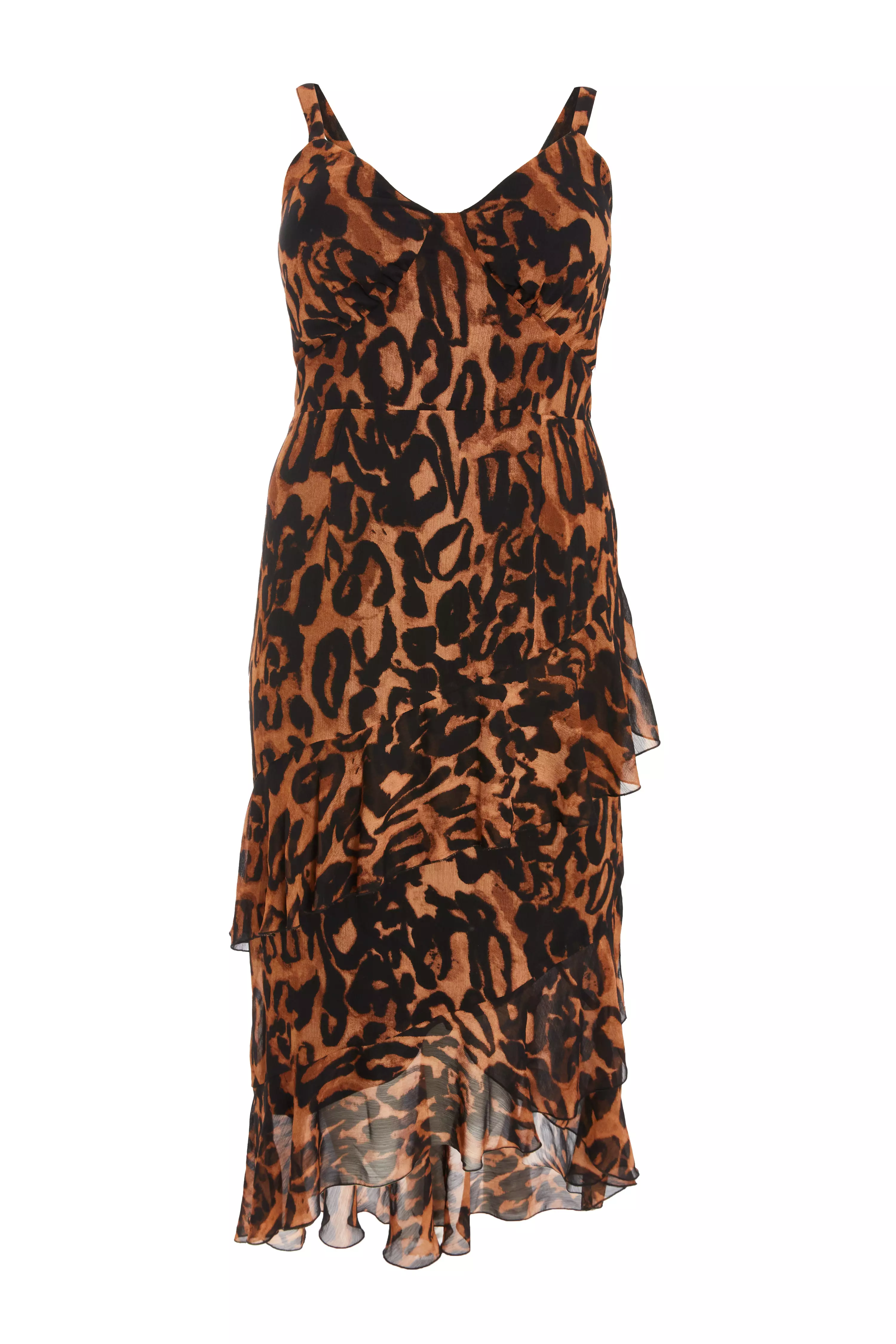 Curve Brown Leopard Print Ruffle Midi Dress