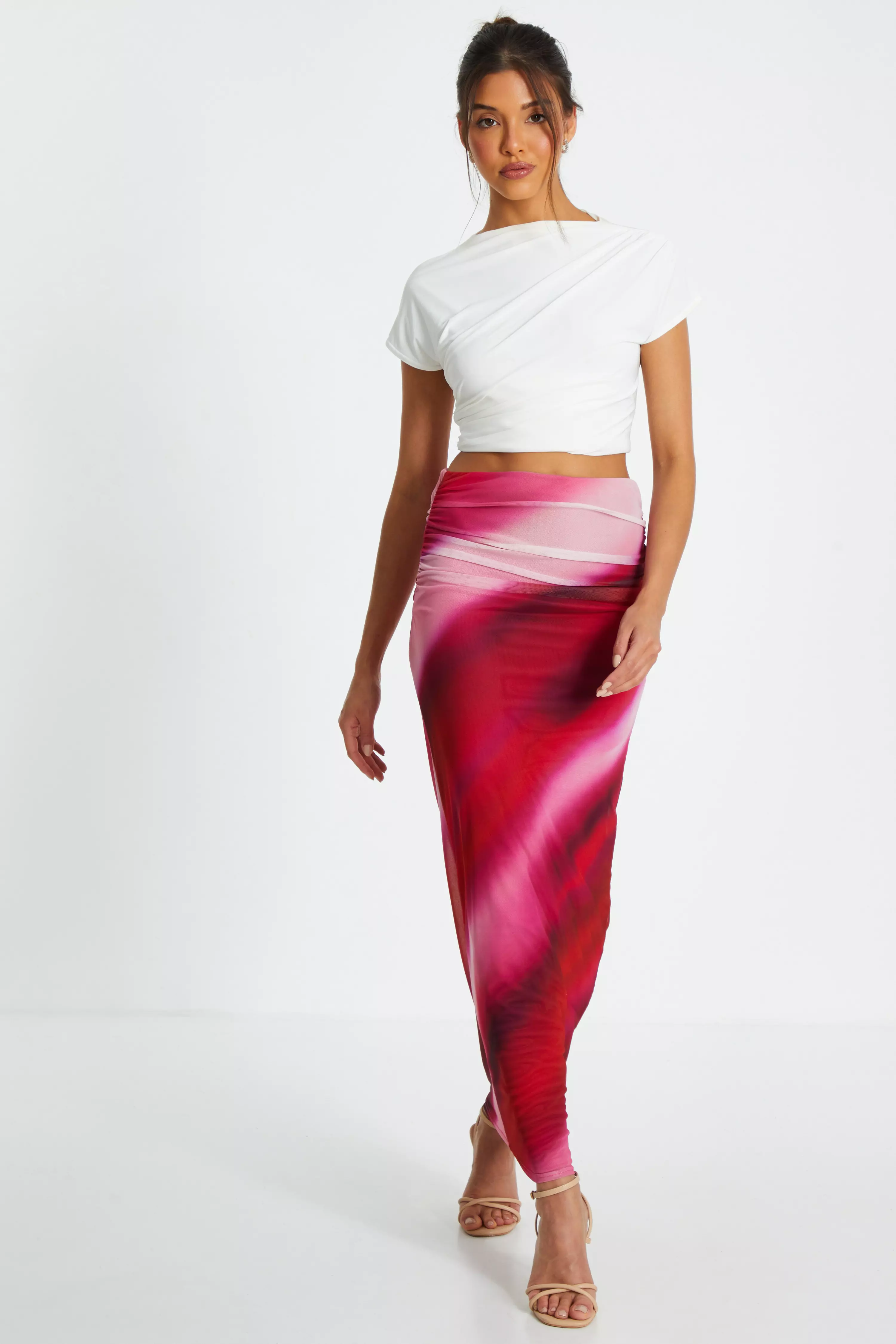 Pink Ombre Ruched Maxi Skirt