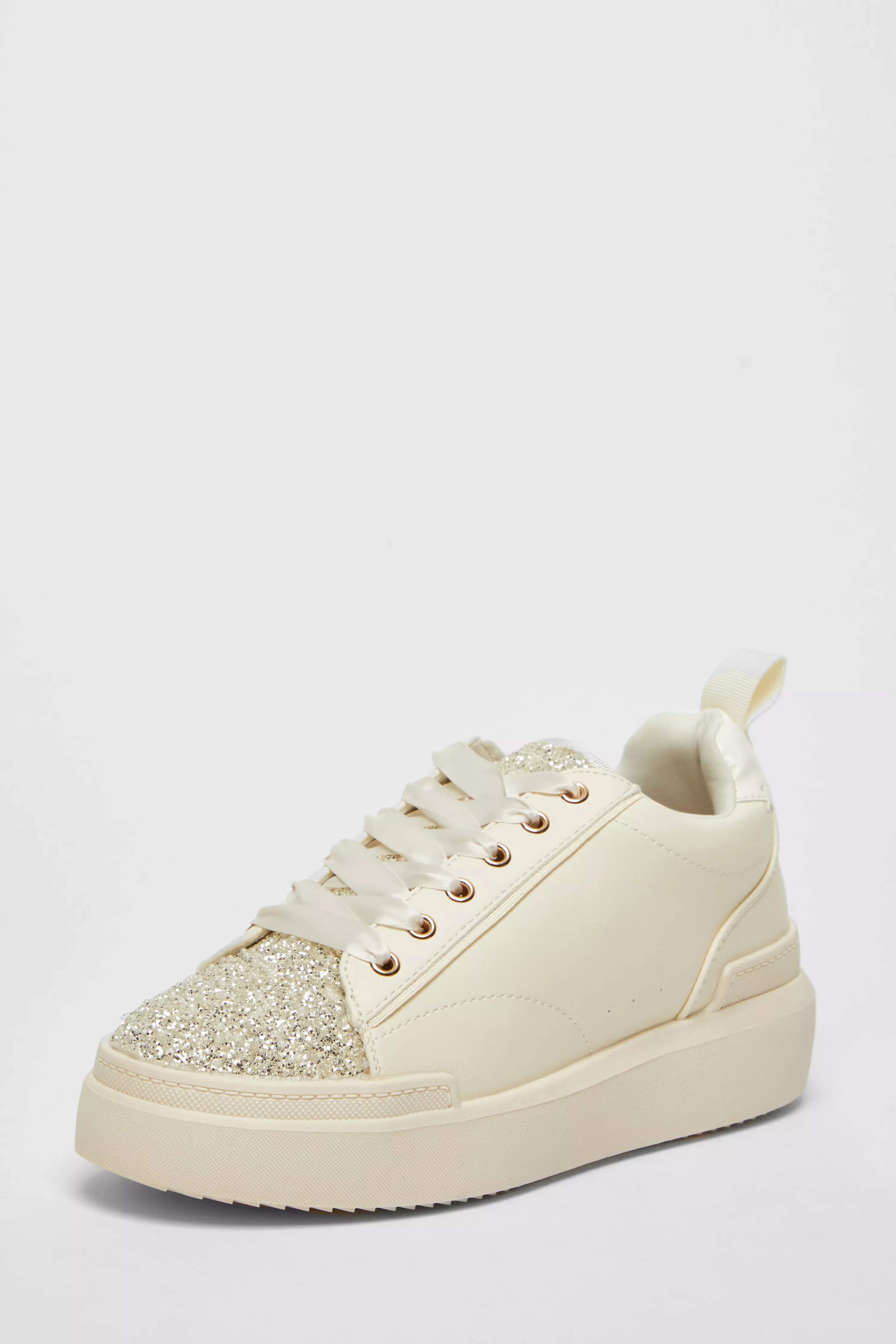 Cream Faux Leather Glitter Trainers