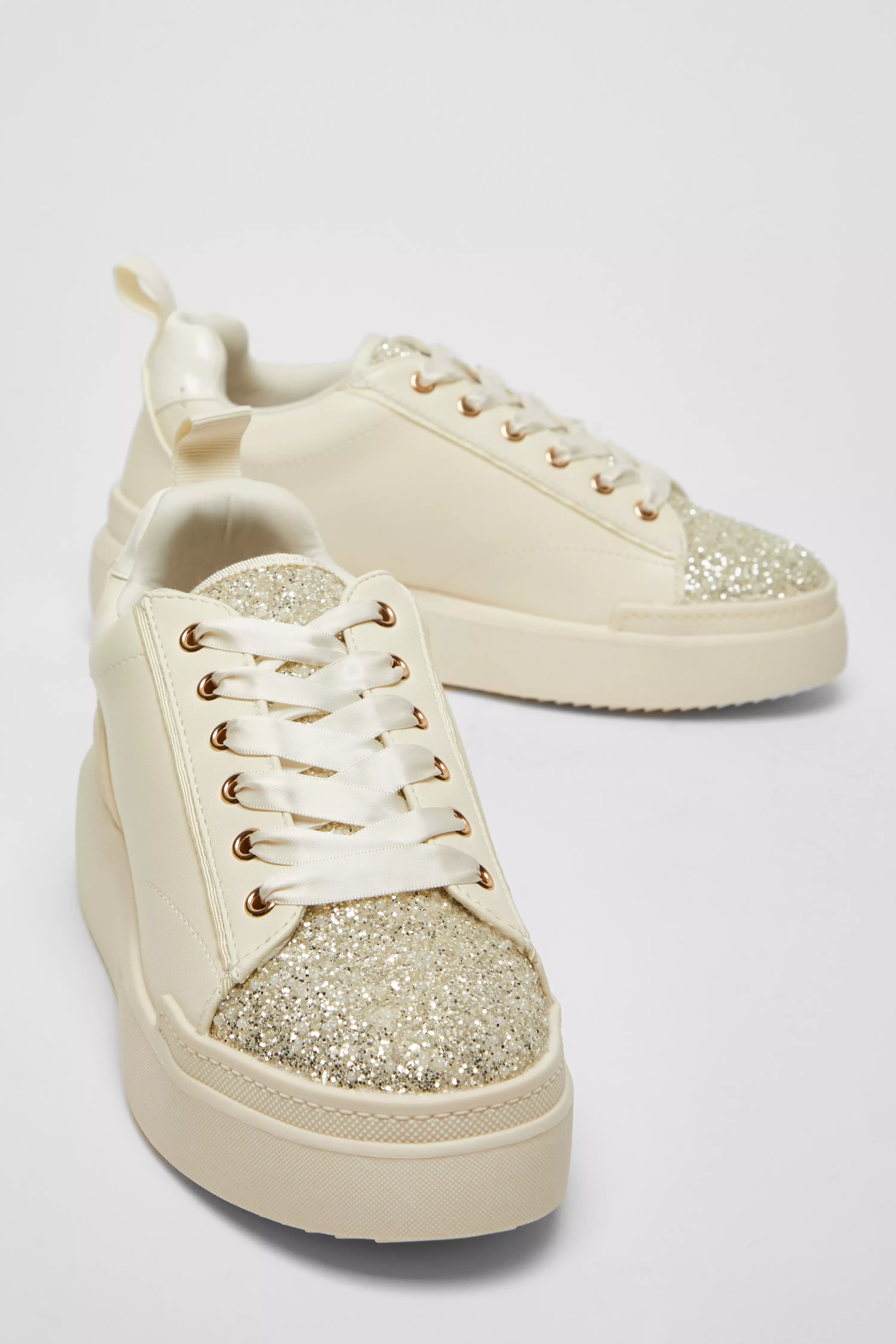 Cream Faux Leather Glitter Trainers