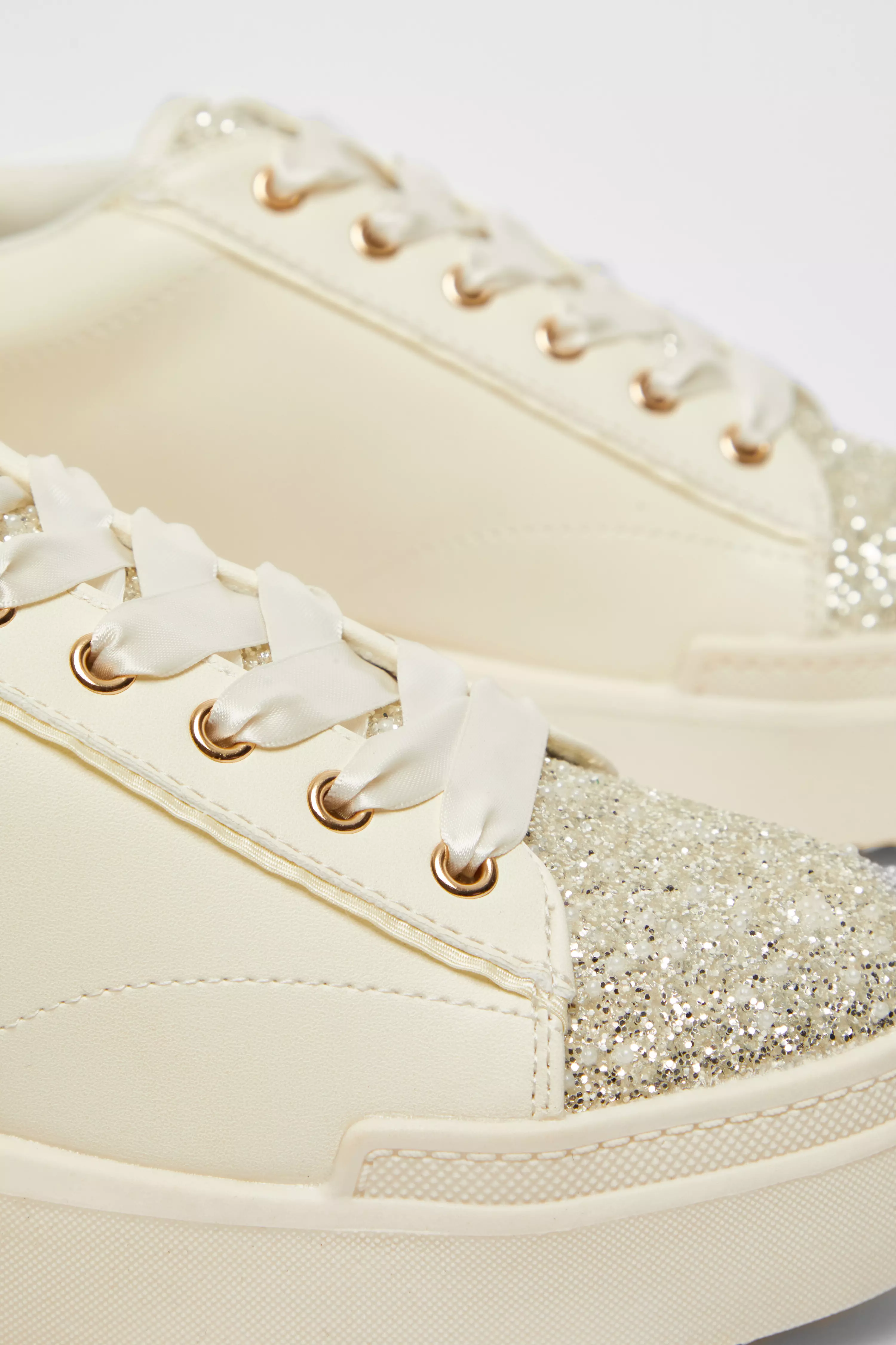 Cream Faux Leather Glitter Trainers