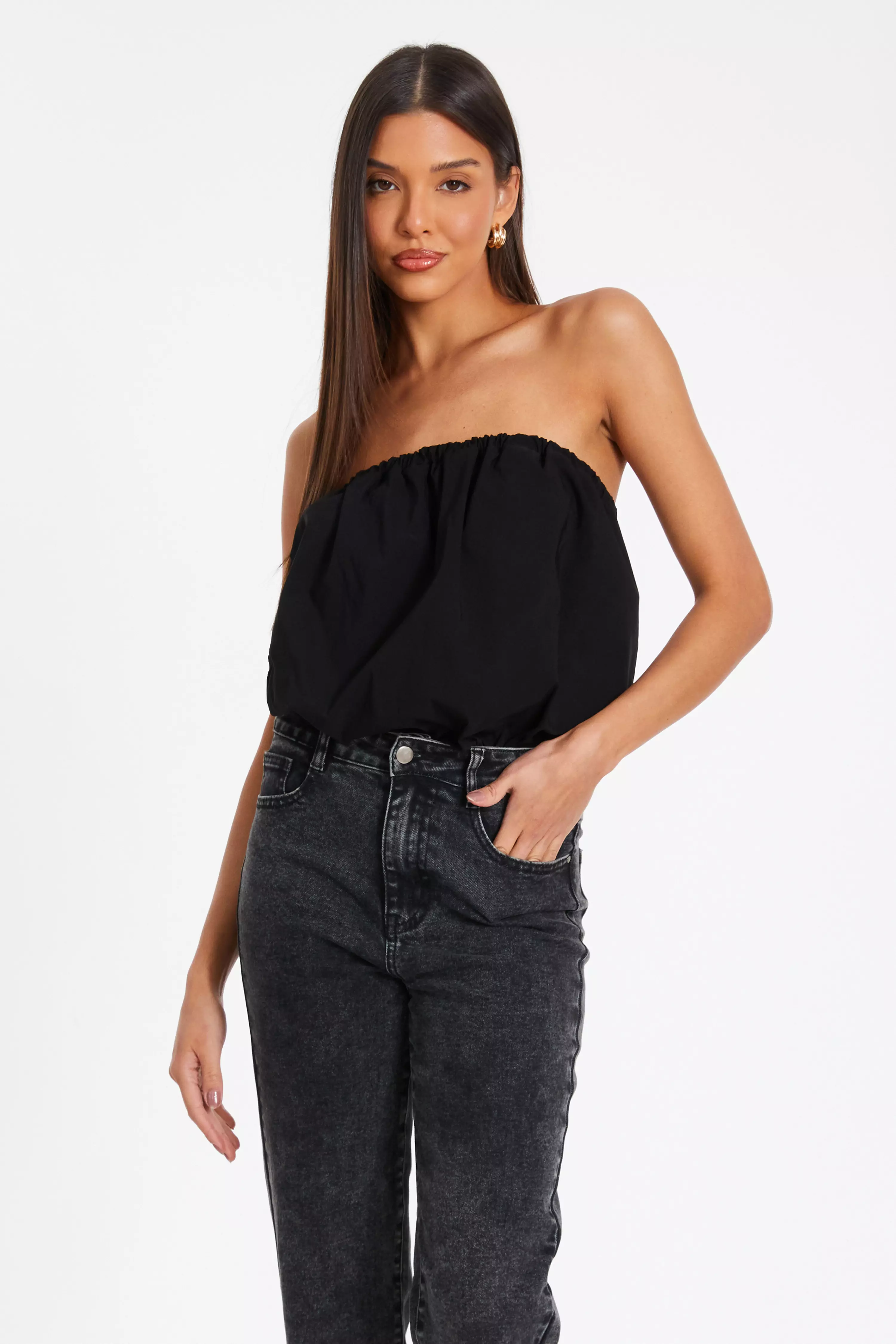 Black Bandeau Puffball Bodysuit  