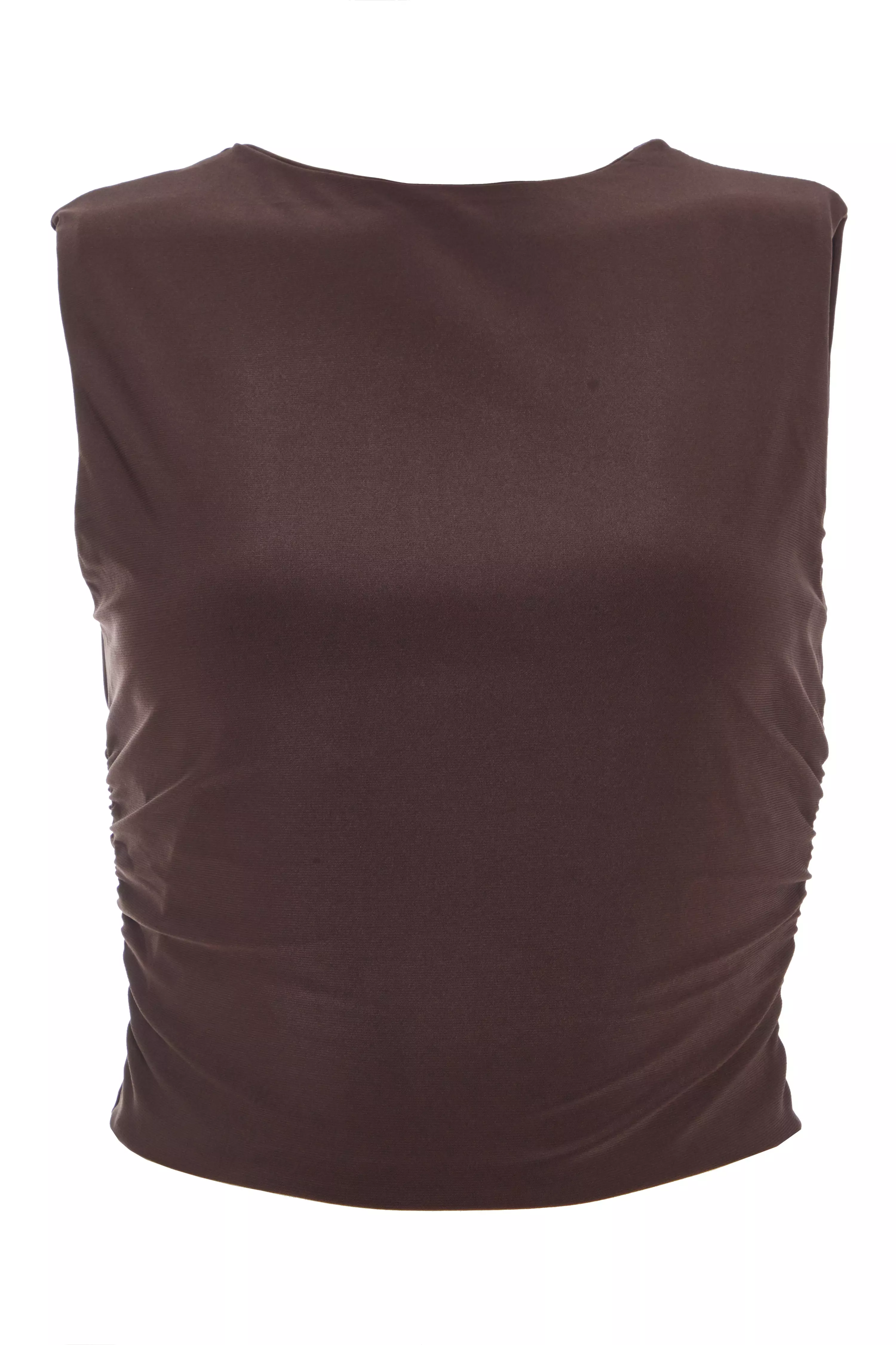 Brown Ruched Sleeveless Crop Top