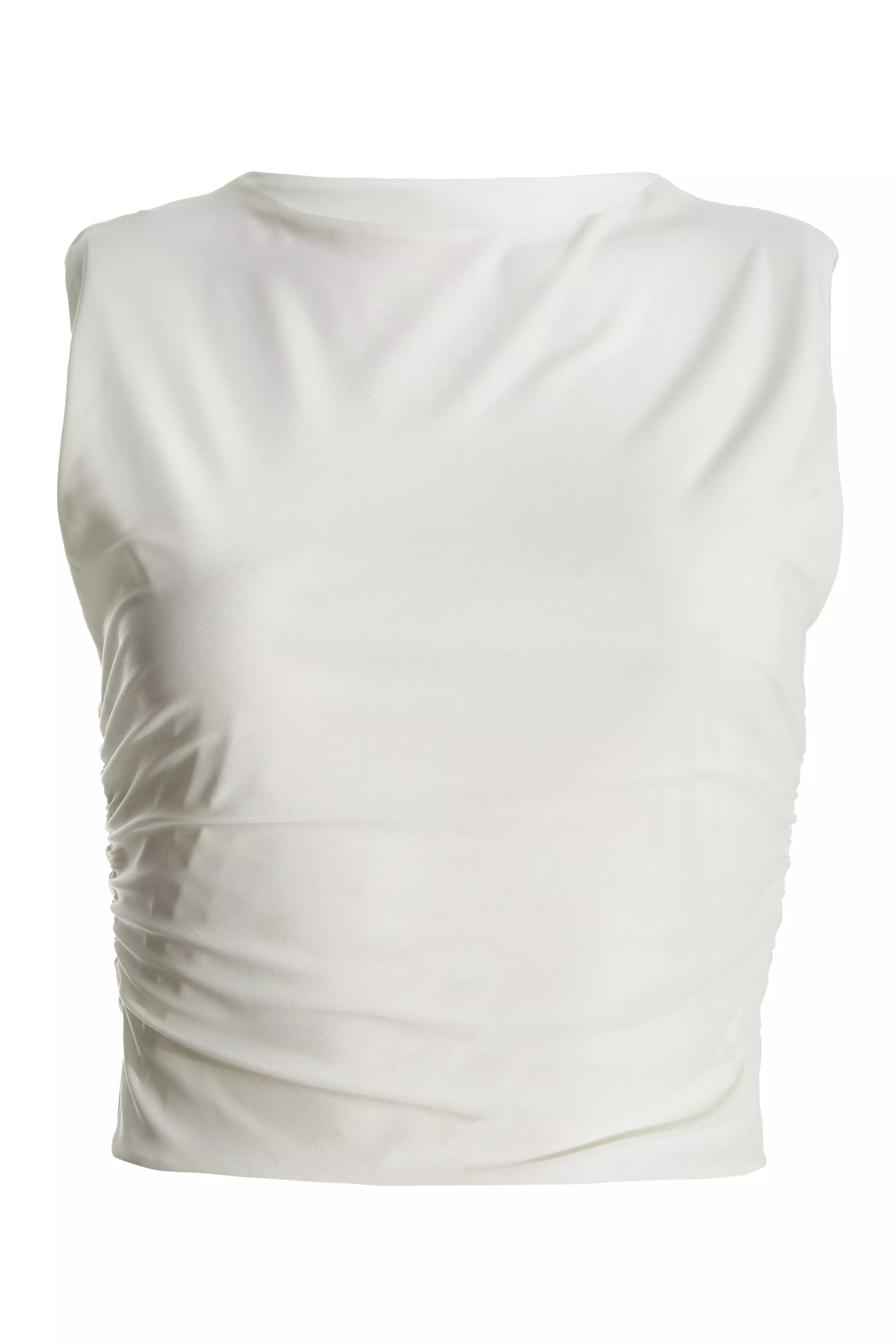 Cream Ruched Sleeveless Crop Top