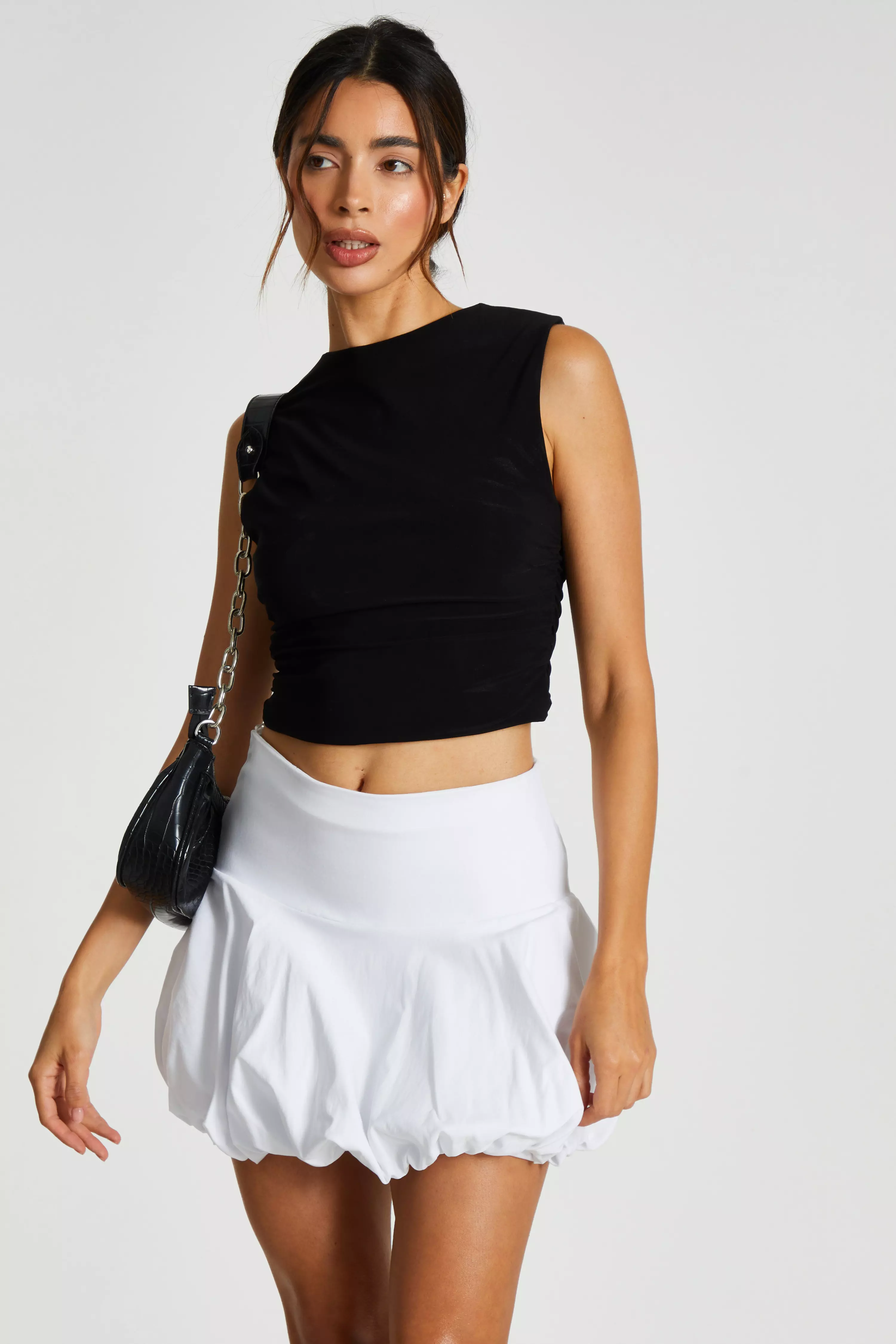 Black Ruched Sleeveless Crop Top