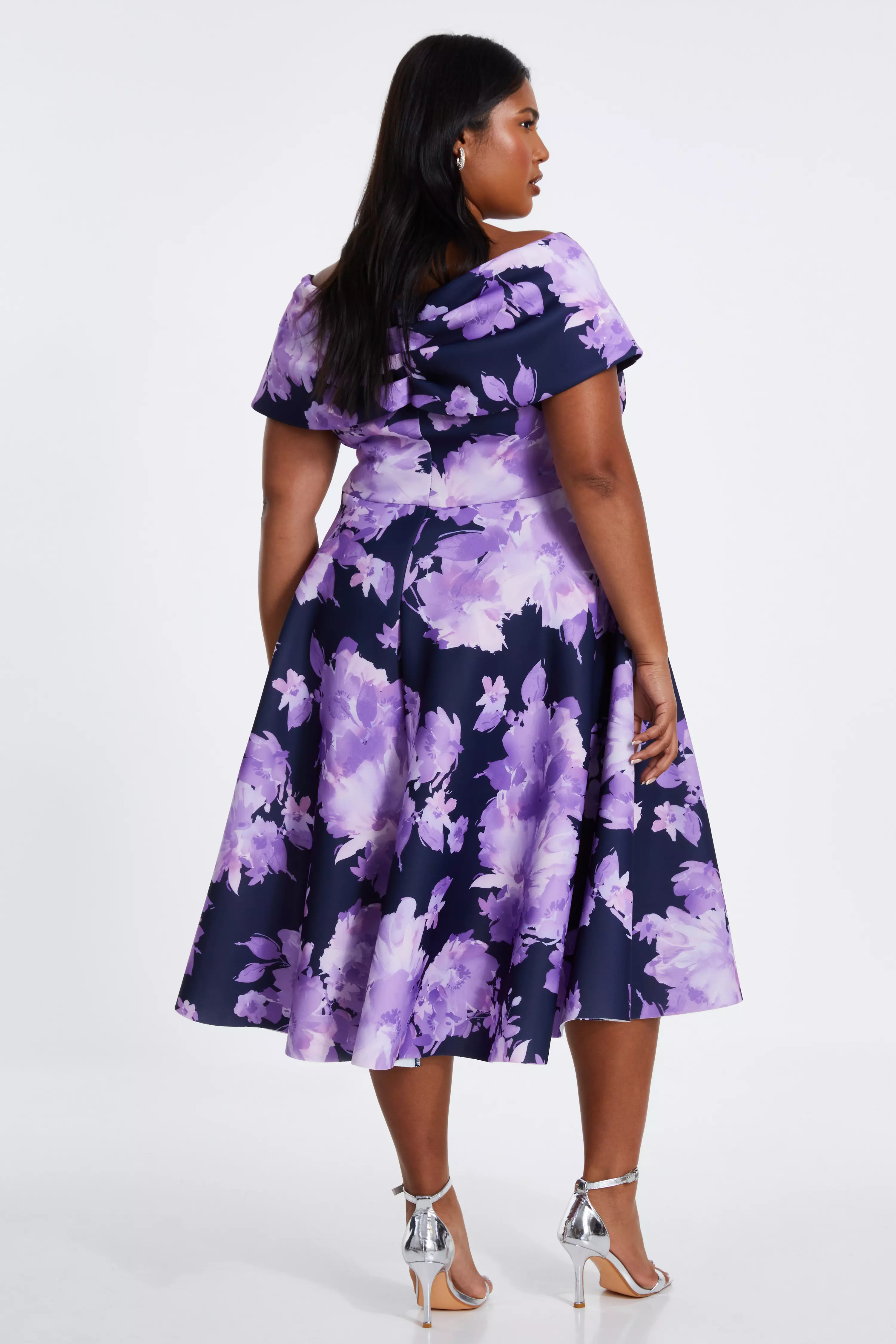 Curve Navy Floral Bardot Midi Dress