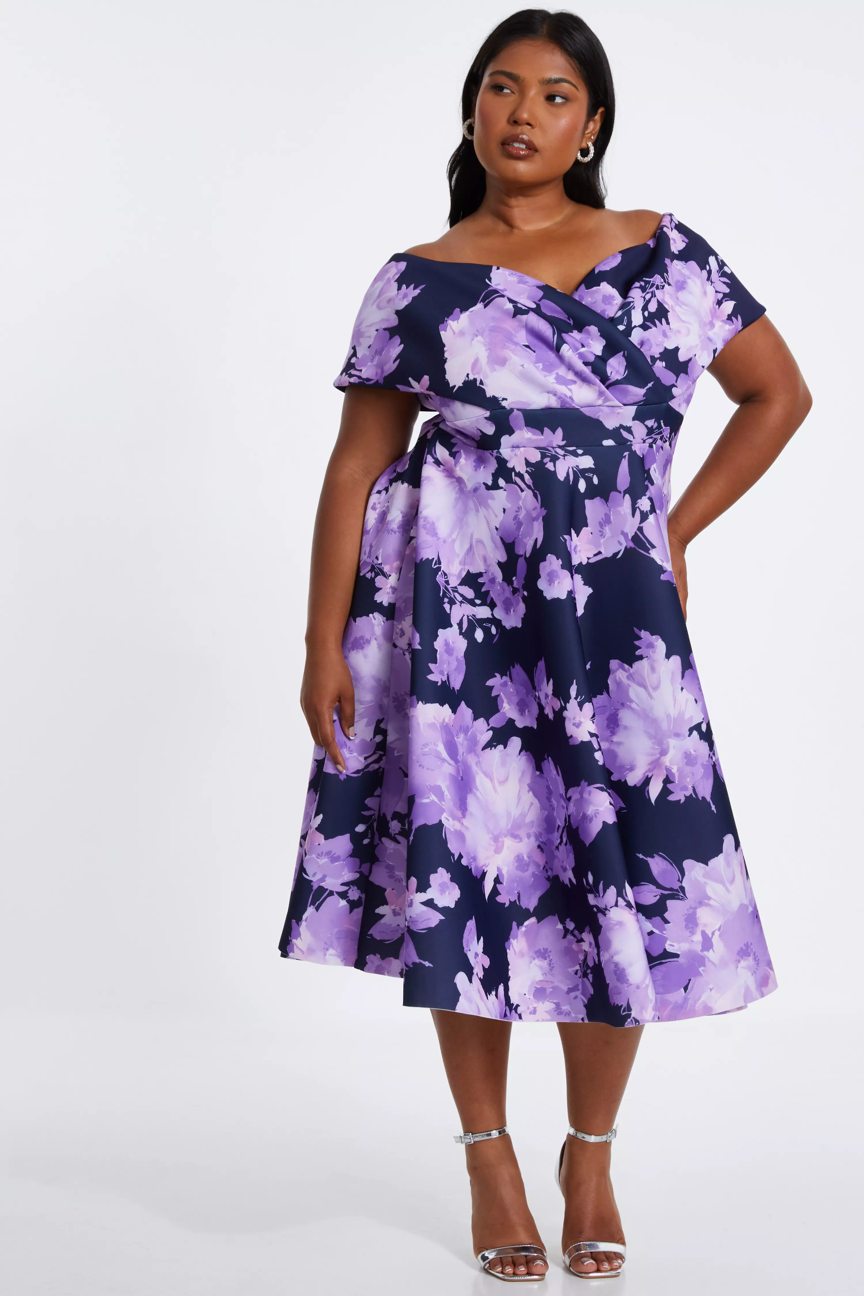 Curve Navy Floral Bardot Midi Dress