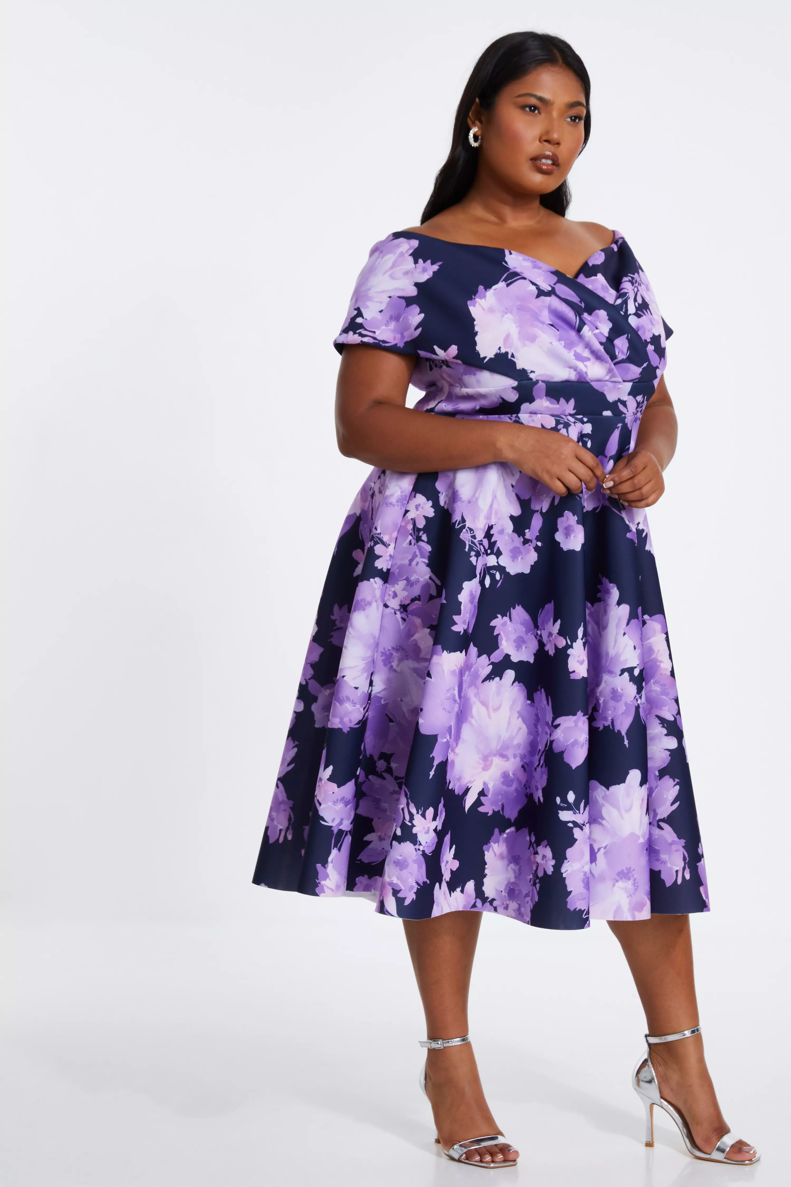 Curve Navy Floral Bardot Midi Dress