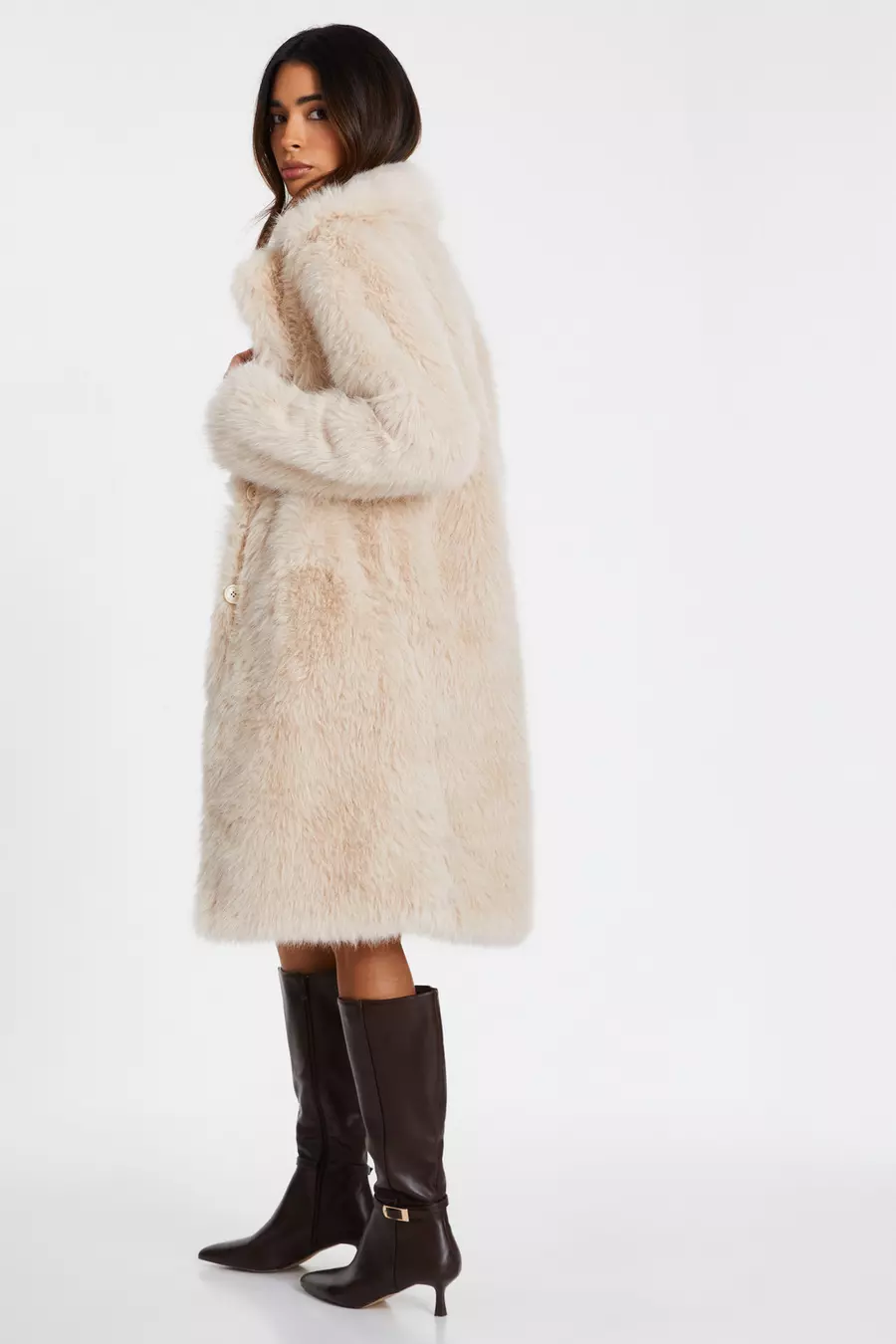 Cream Faux Fur Long Coat QUIZ Clothing