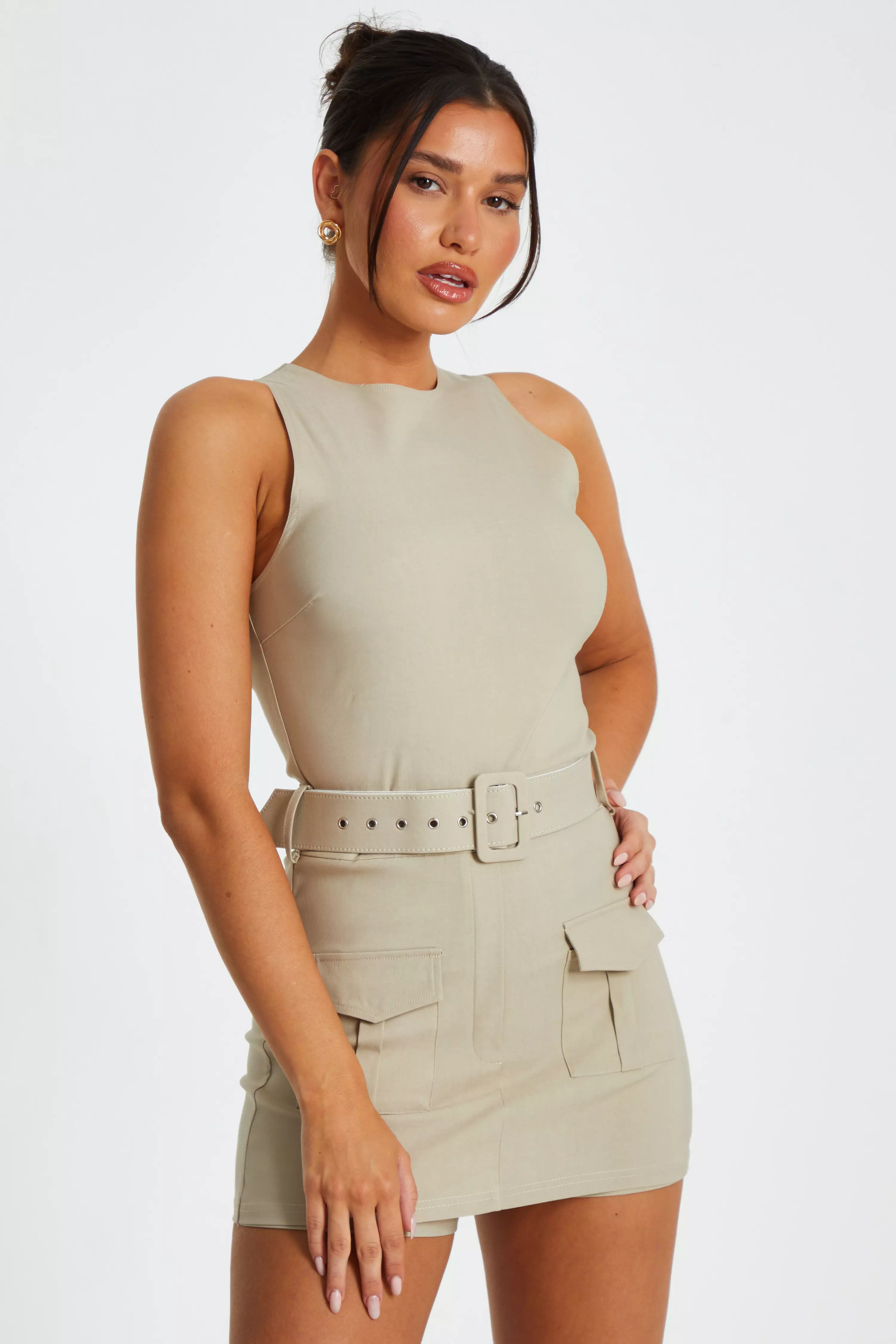 Stone Round Neck Skort Playsuit