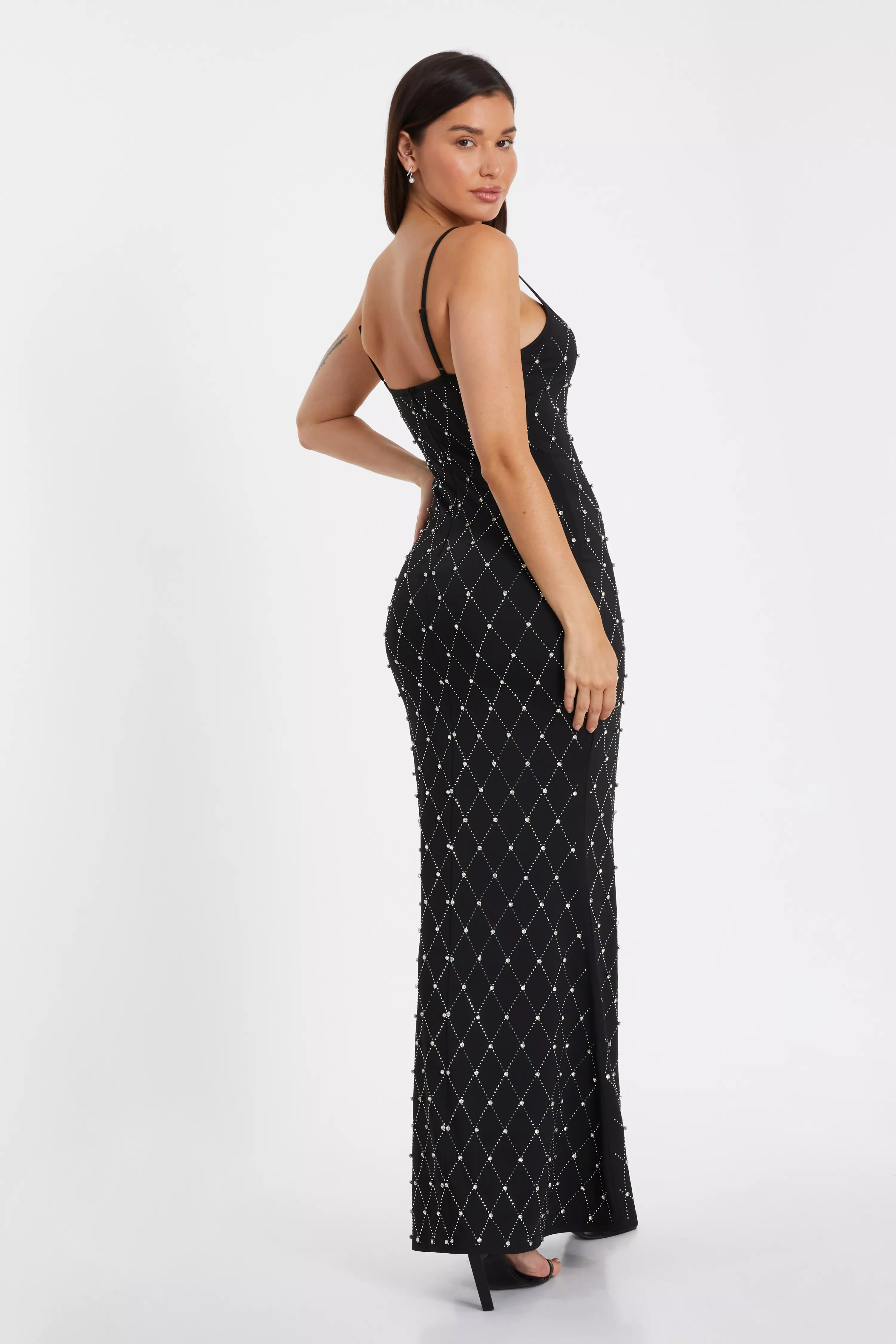 Black Rhinestone Strappy Maxi Dress