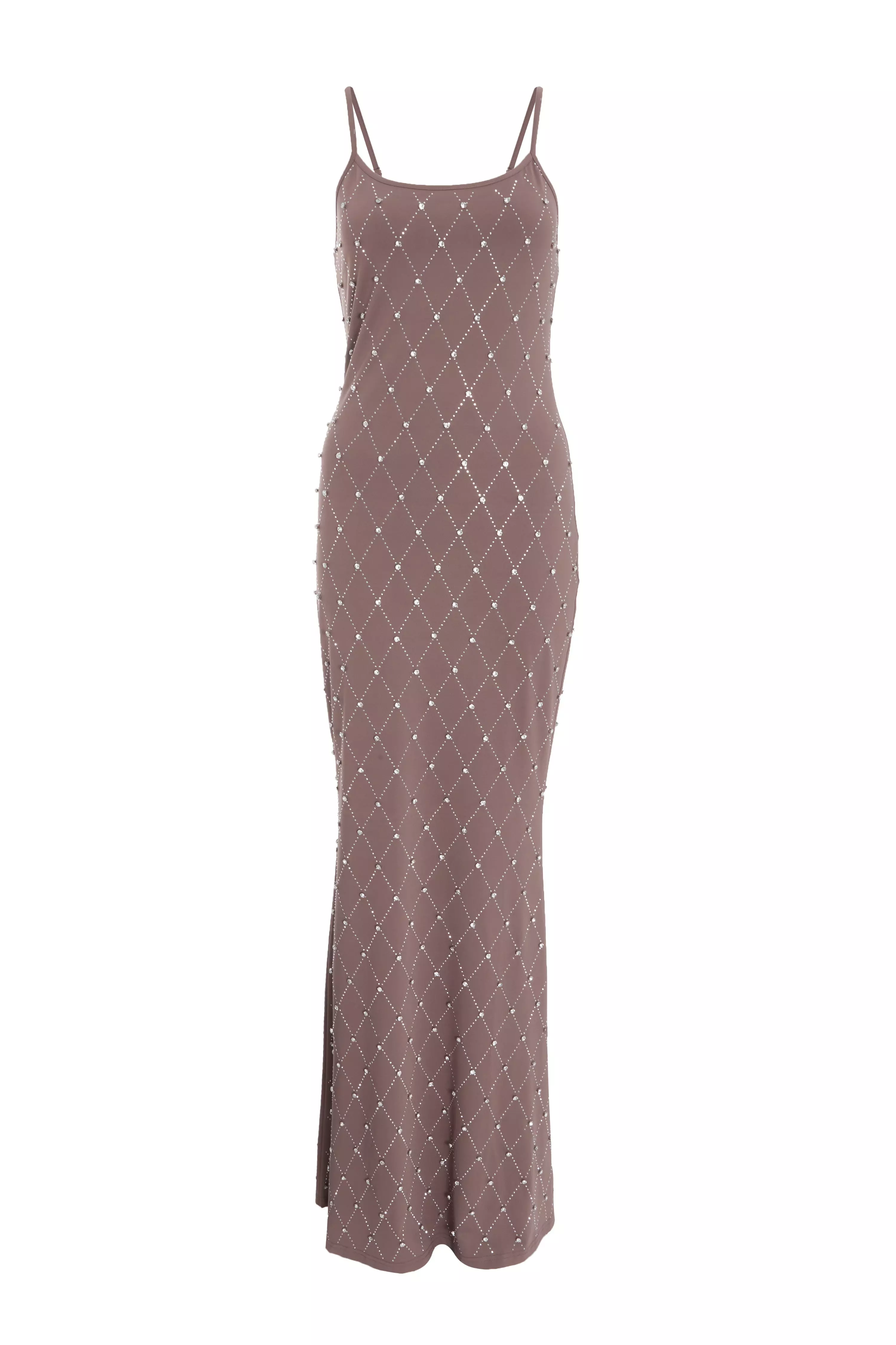 Mocha Rhinestone Square Neck Maxi Dress