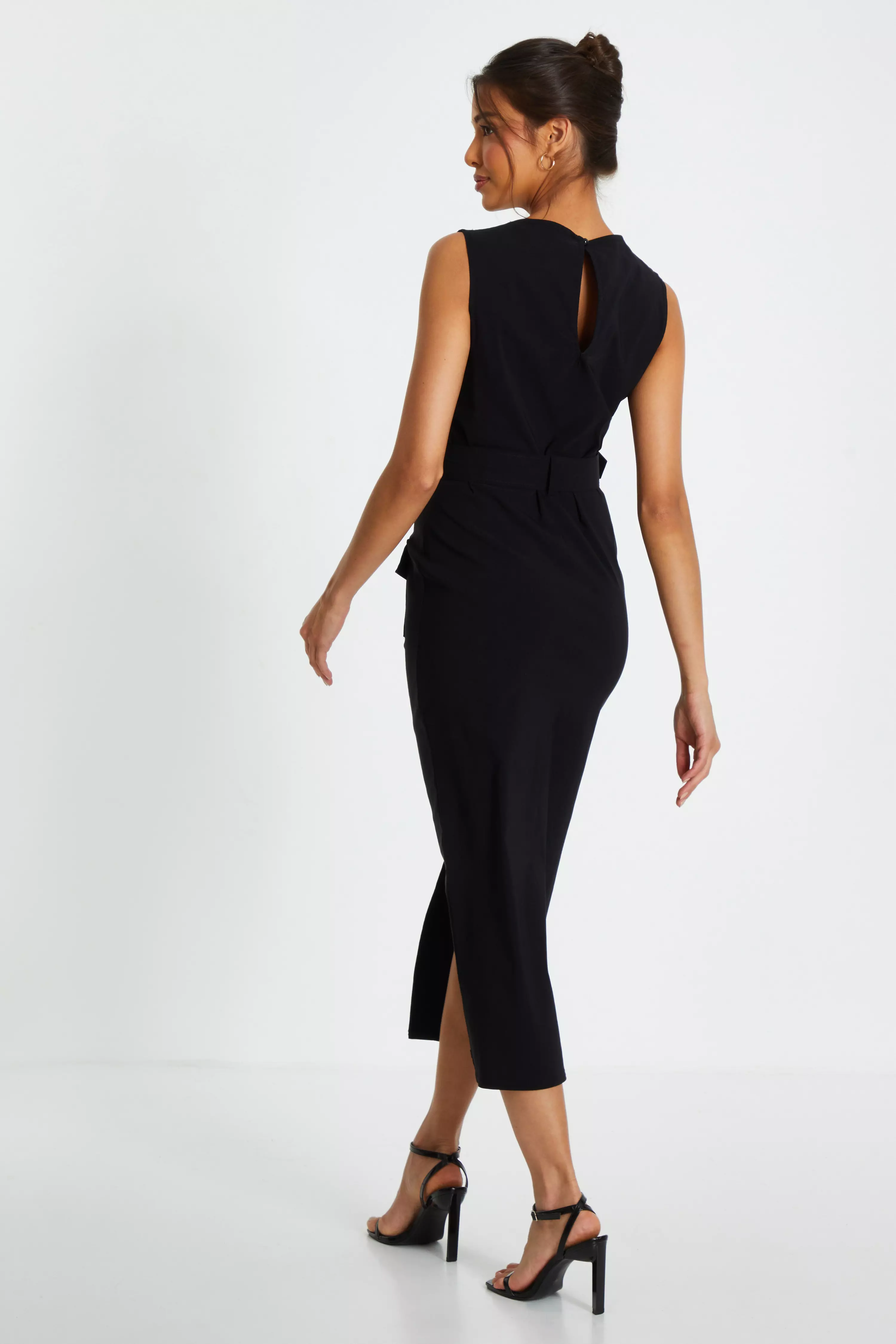 Black Cargo Split Front Midi Dress