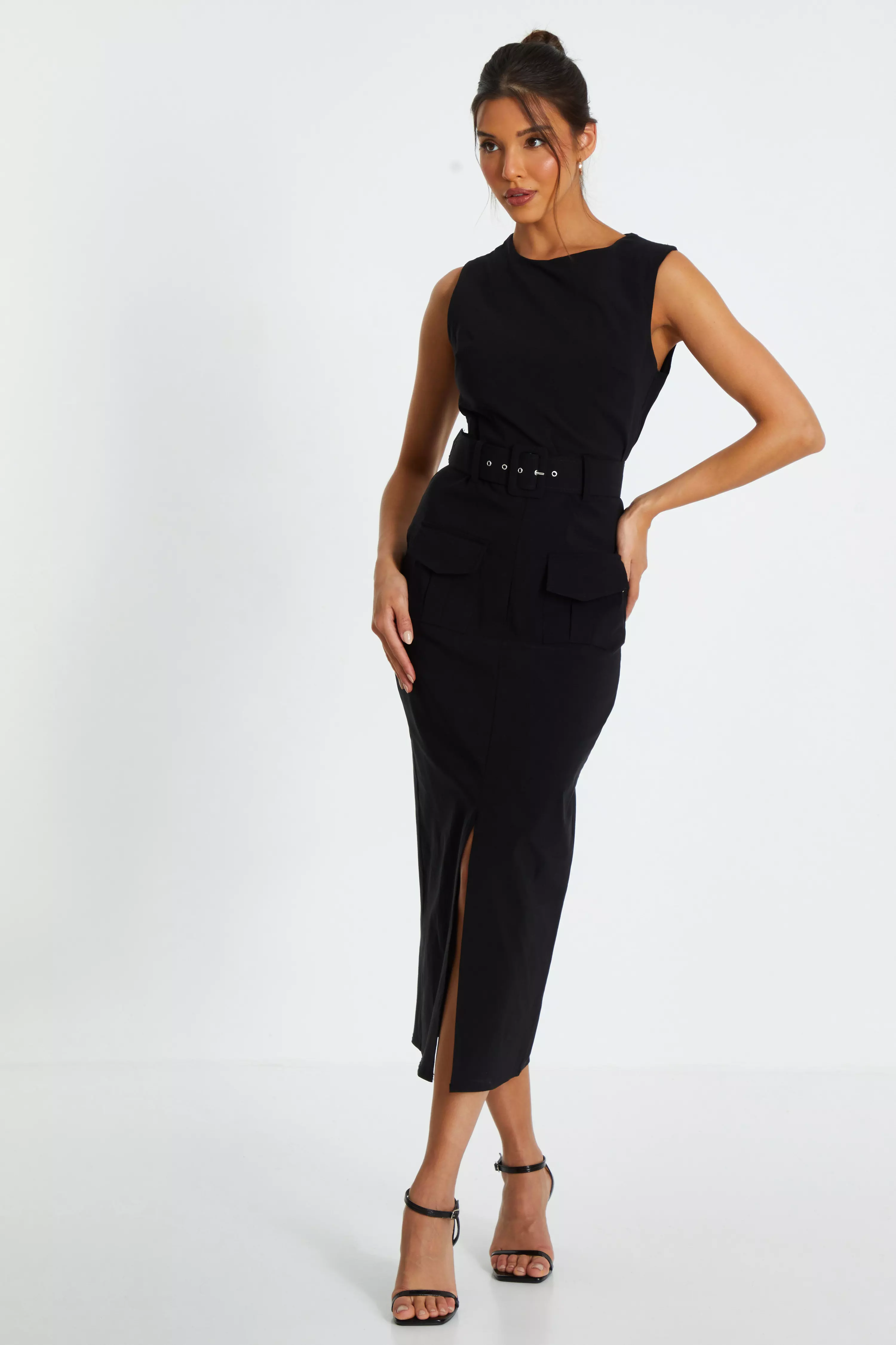 Black Cargo Split Front Midi Dress