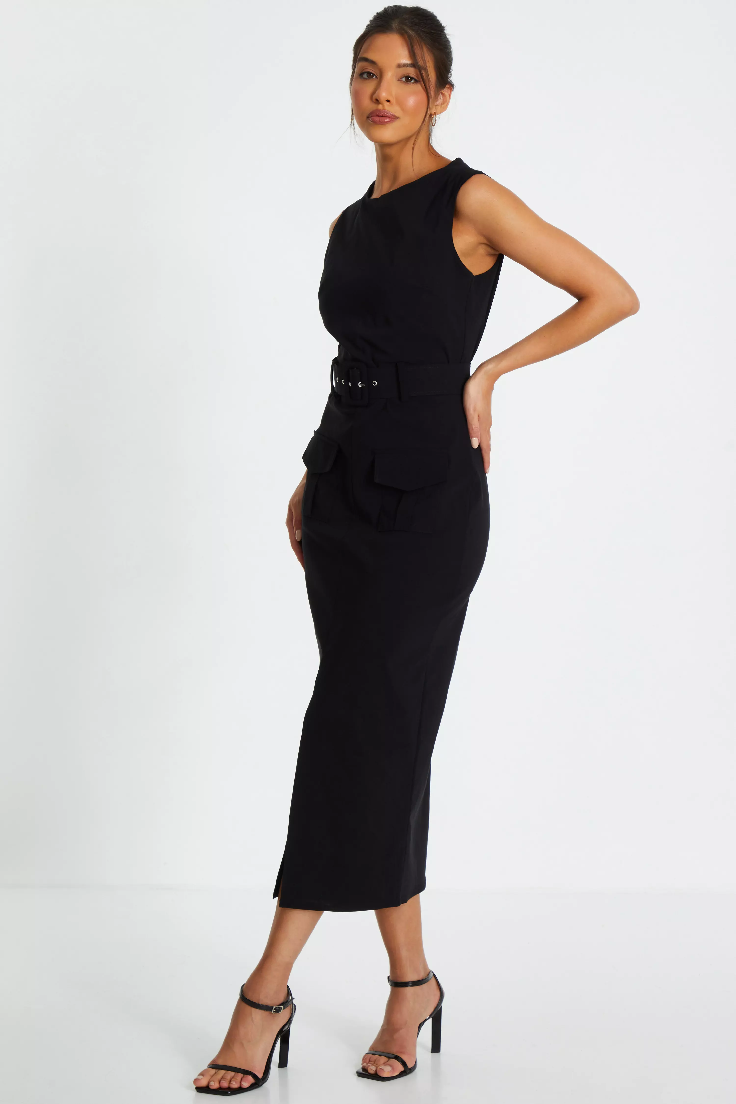 Black Cargo Split Front Midi Dress