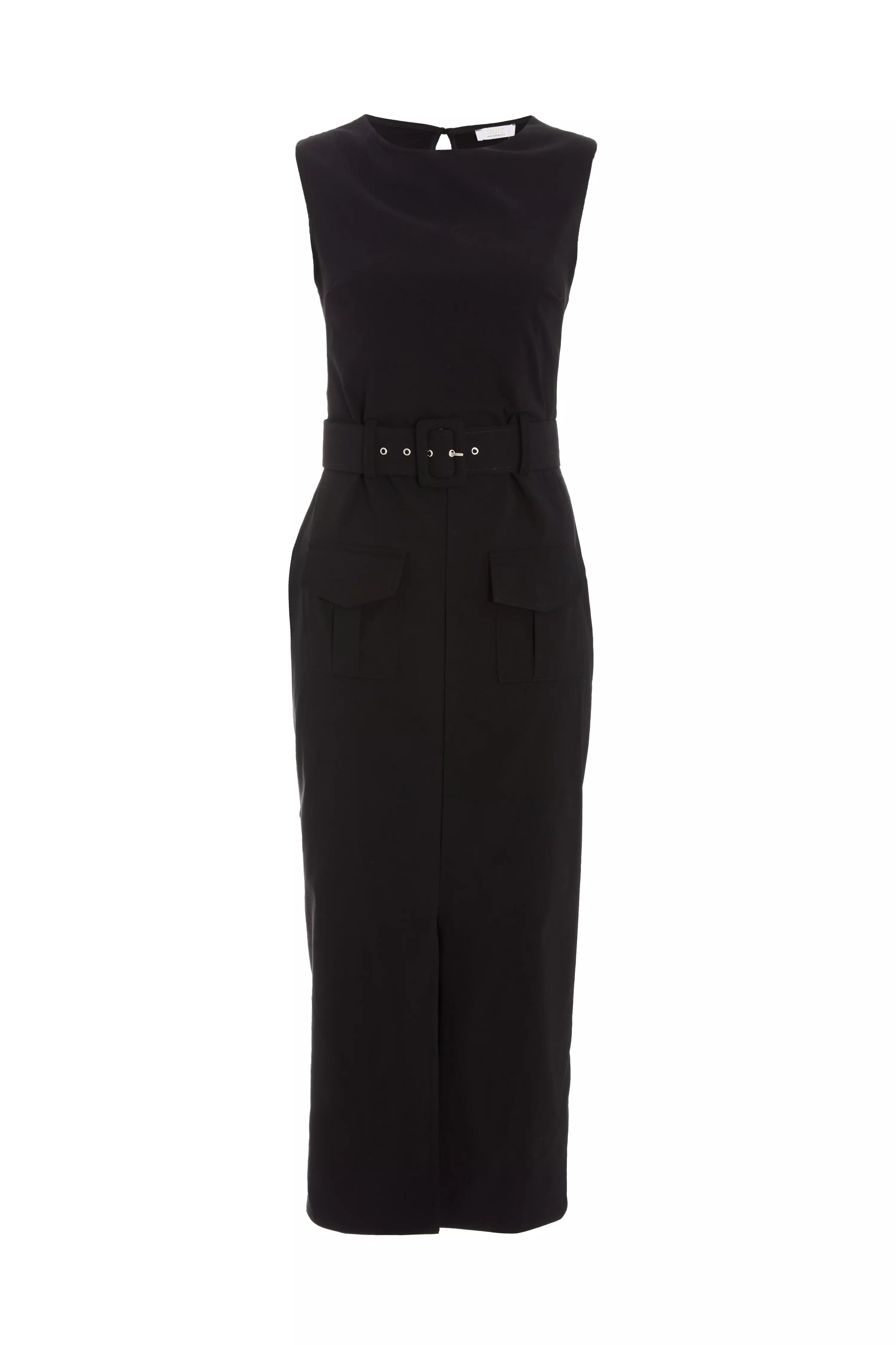 Black Cargo Split Front Midi Dress