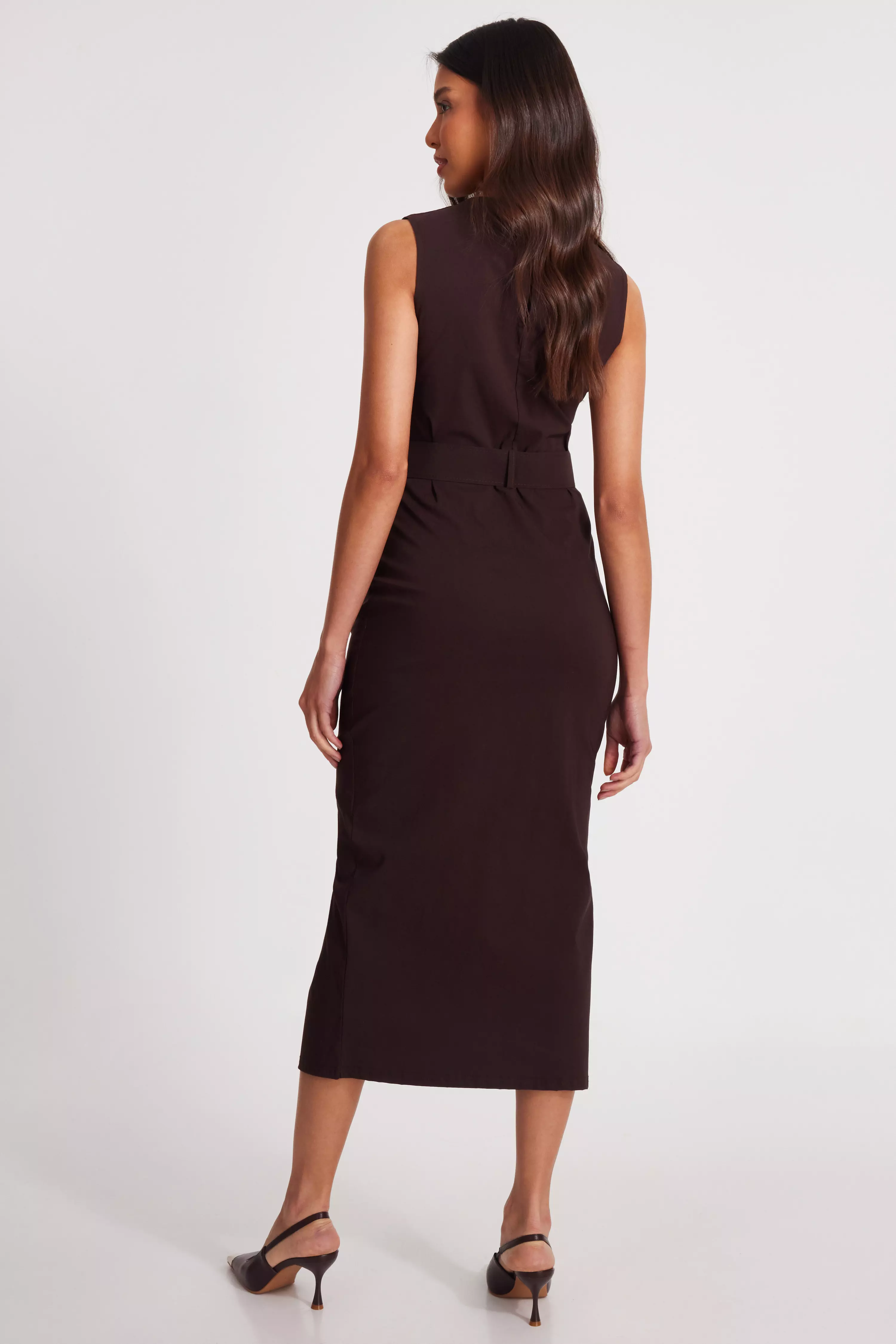 Brown Cargo Split Front Midi Dress