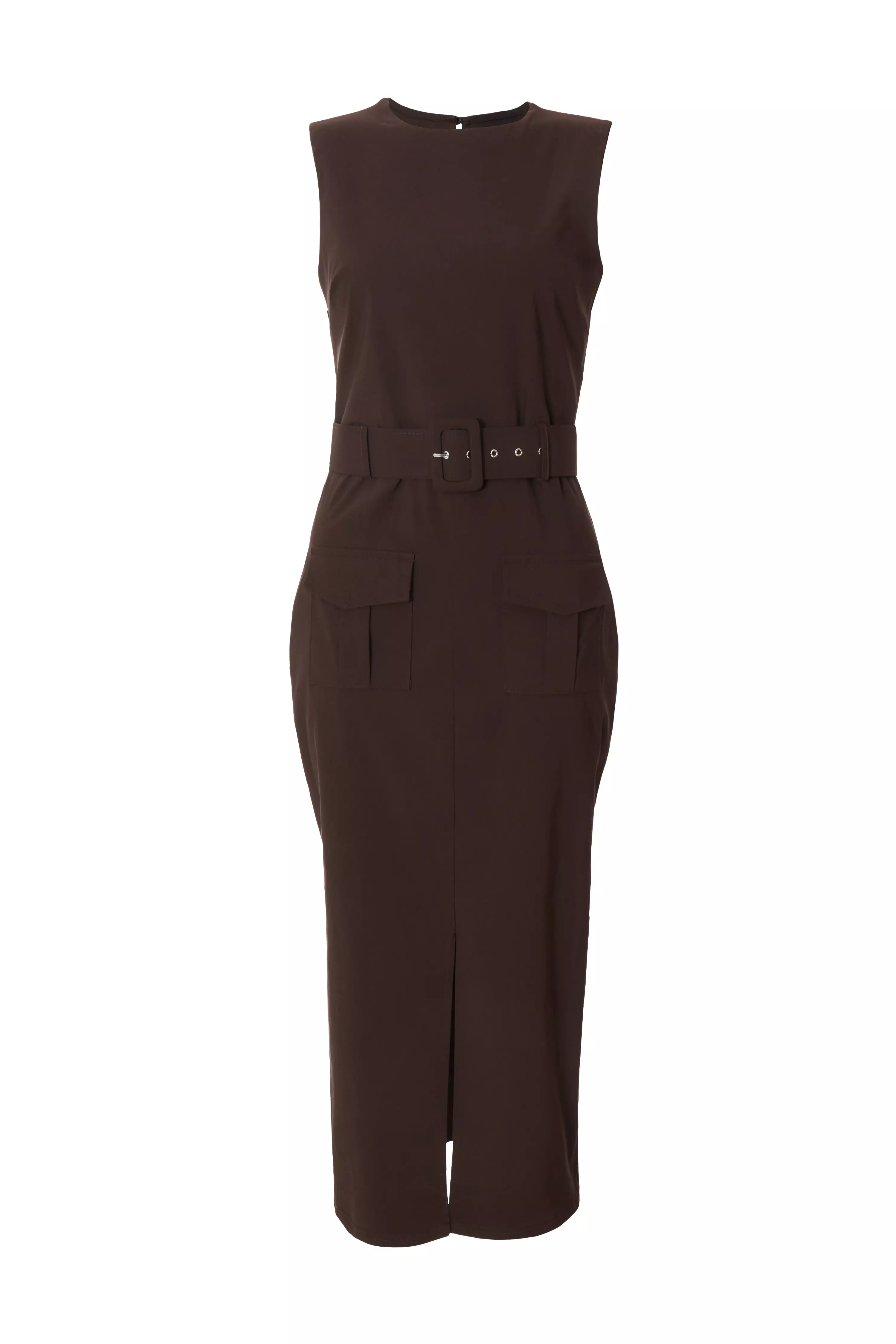 Brown Cargo Split Front Midi Dress