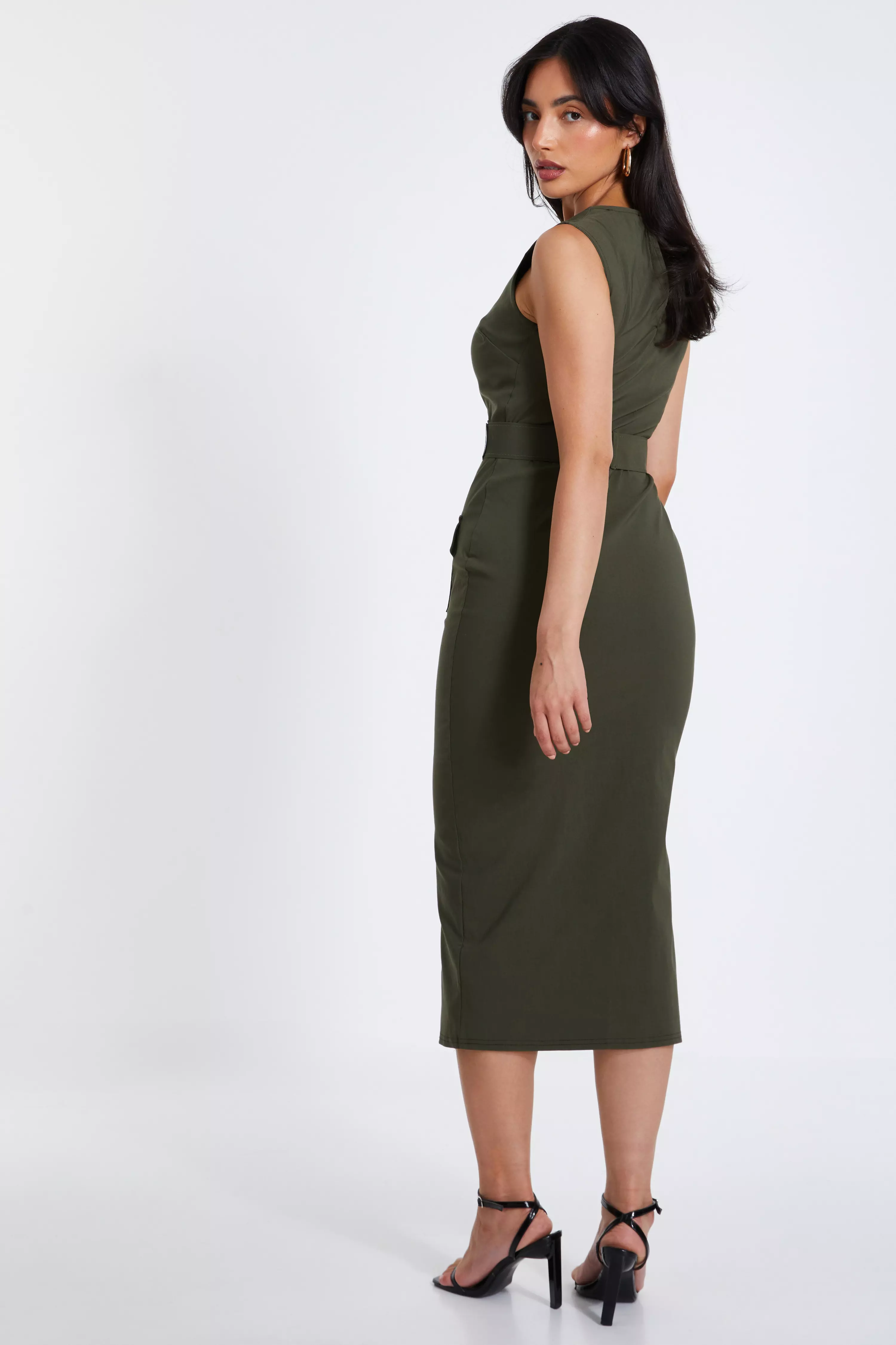 Khaki Cargo Split Front Midi Dress