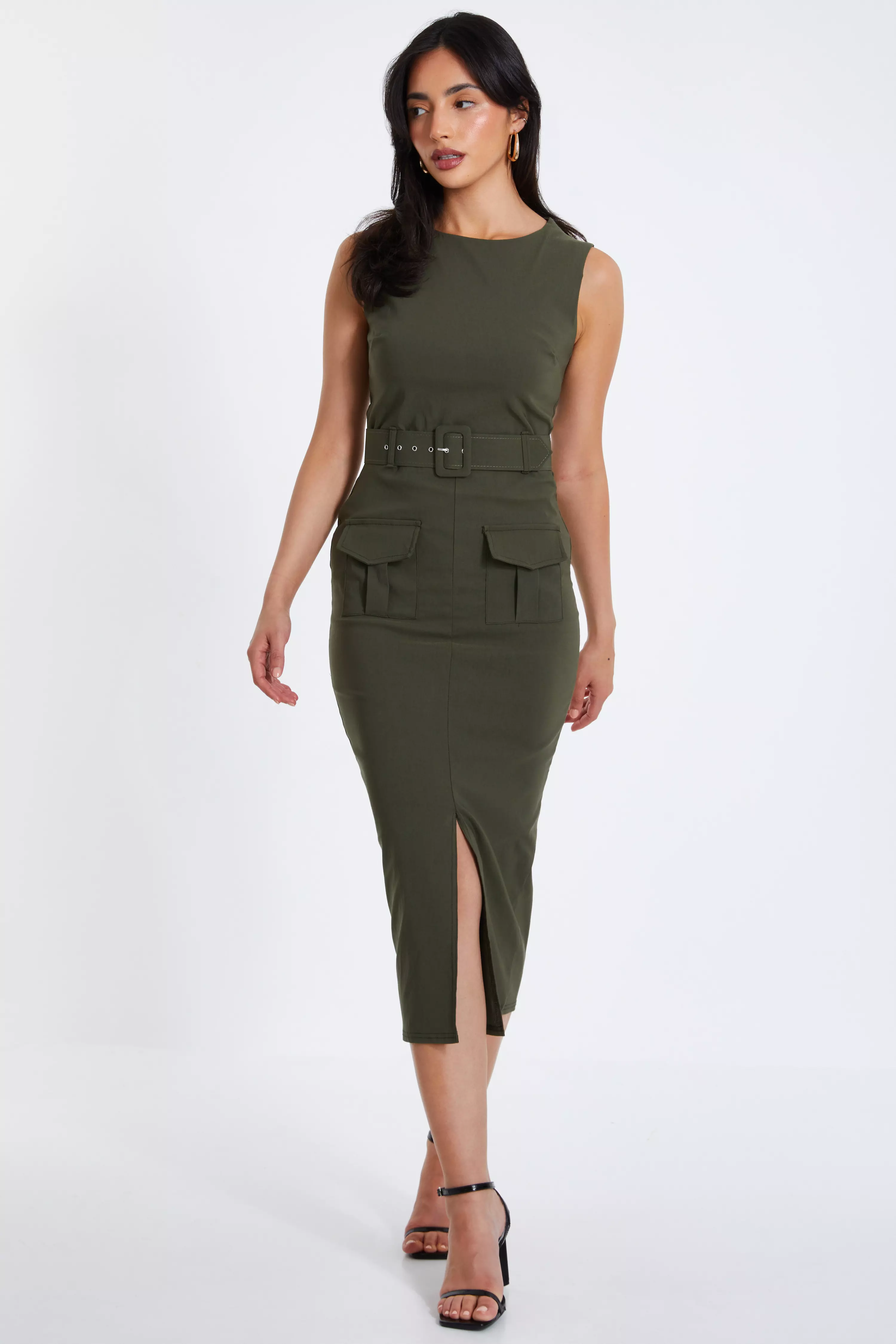 Khaki Cargo Split Front Midi Dress