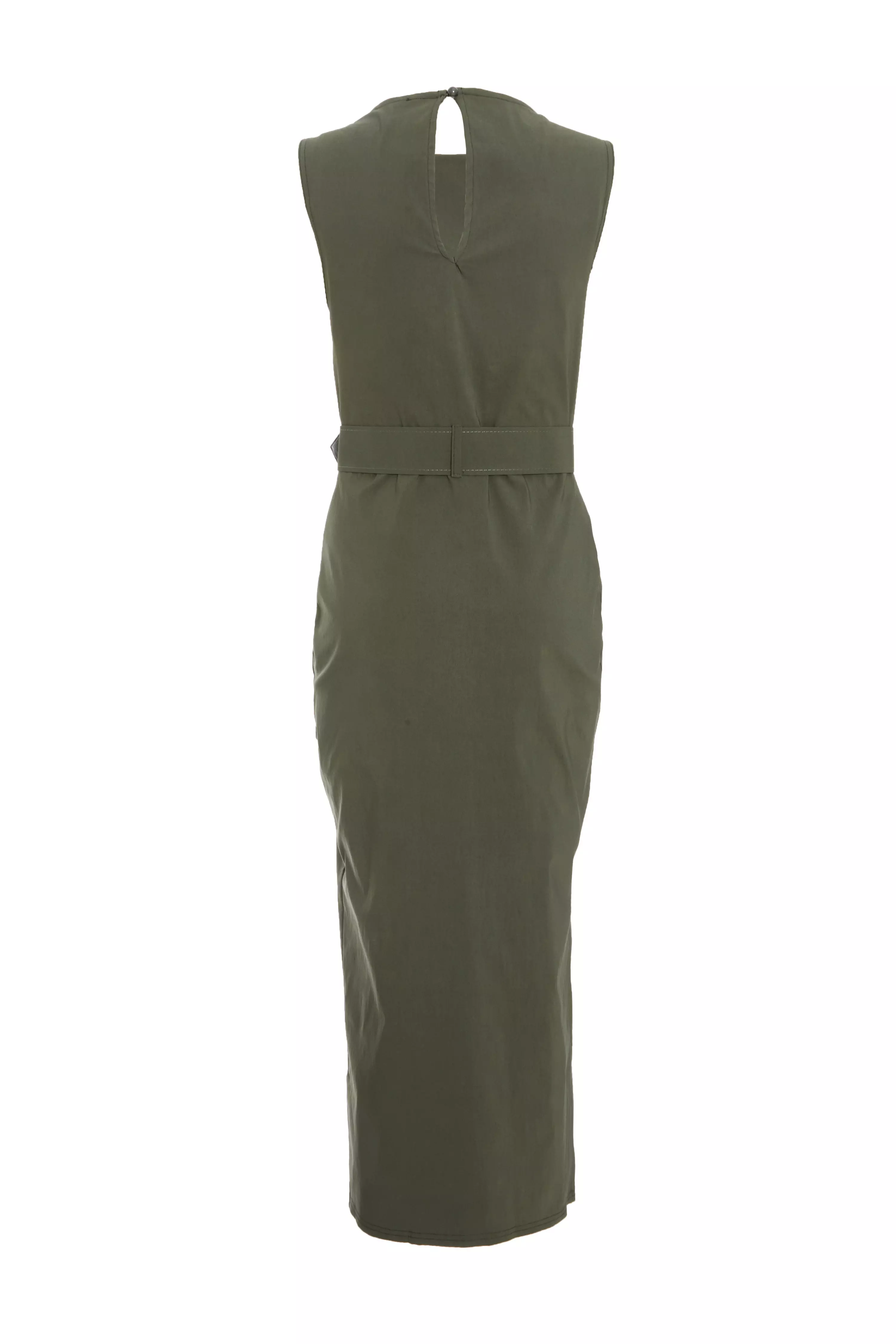 Khaki Cargo Split Front Midi Dress