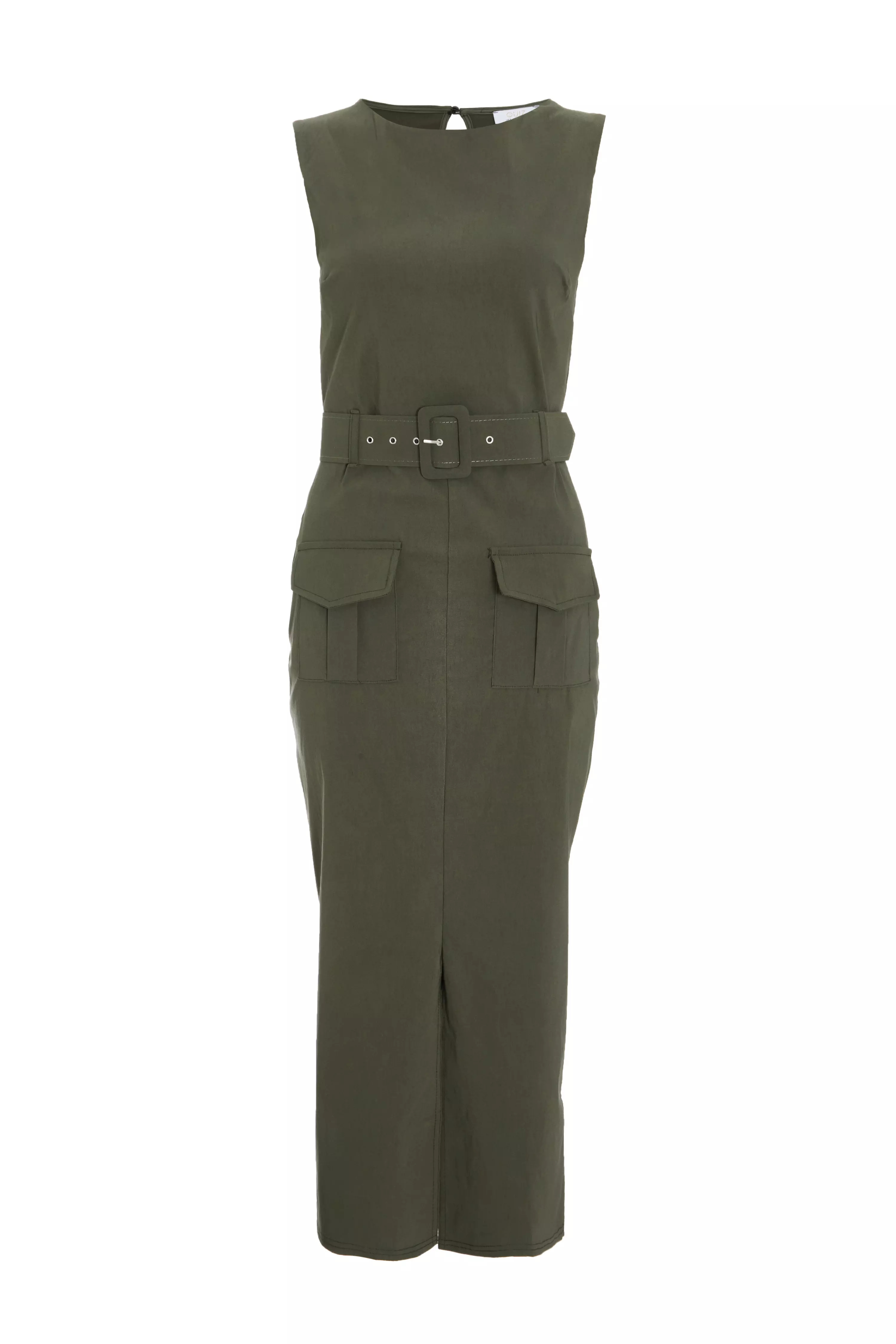 Khaki Cargo Split Front Midi Dress