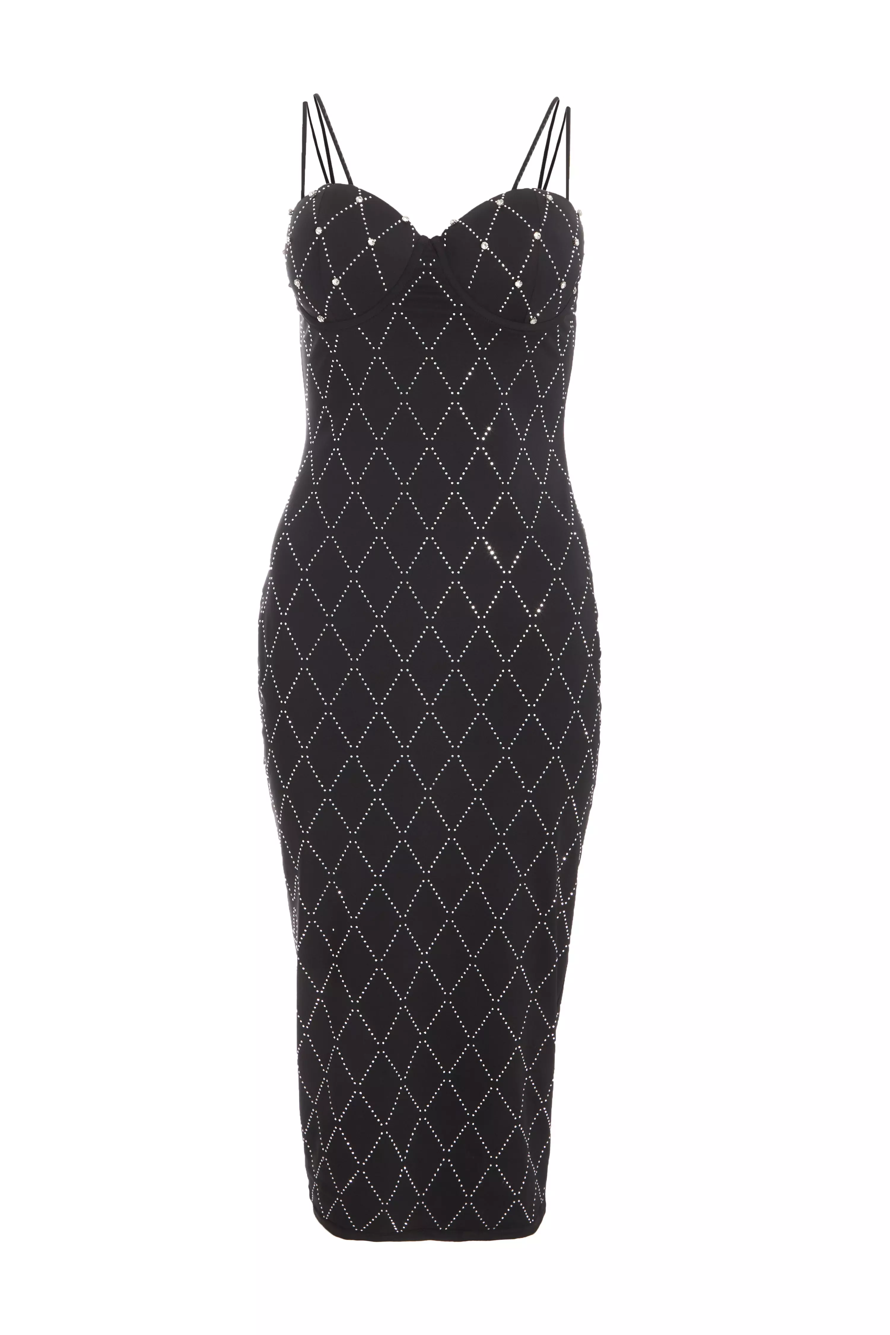 Black Diamante Bodycon Midi Dress 