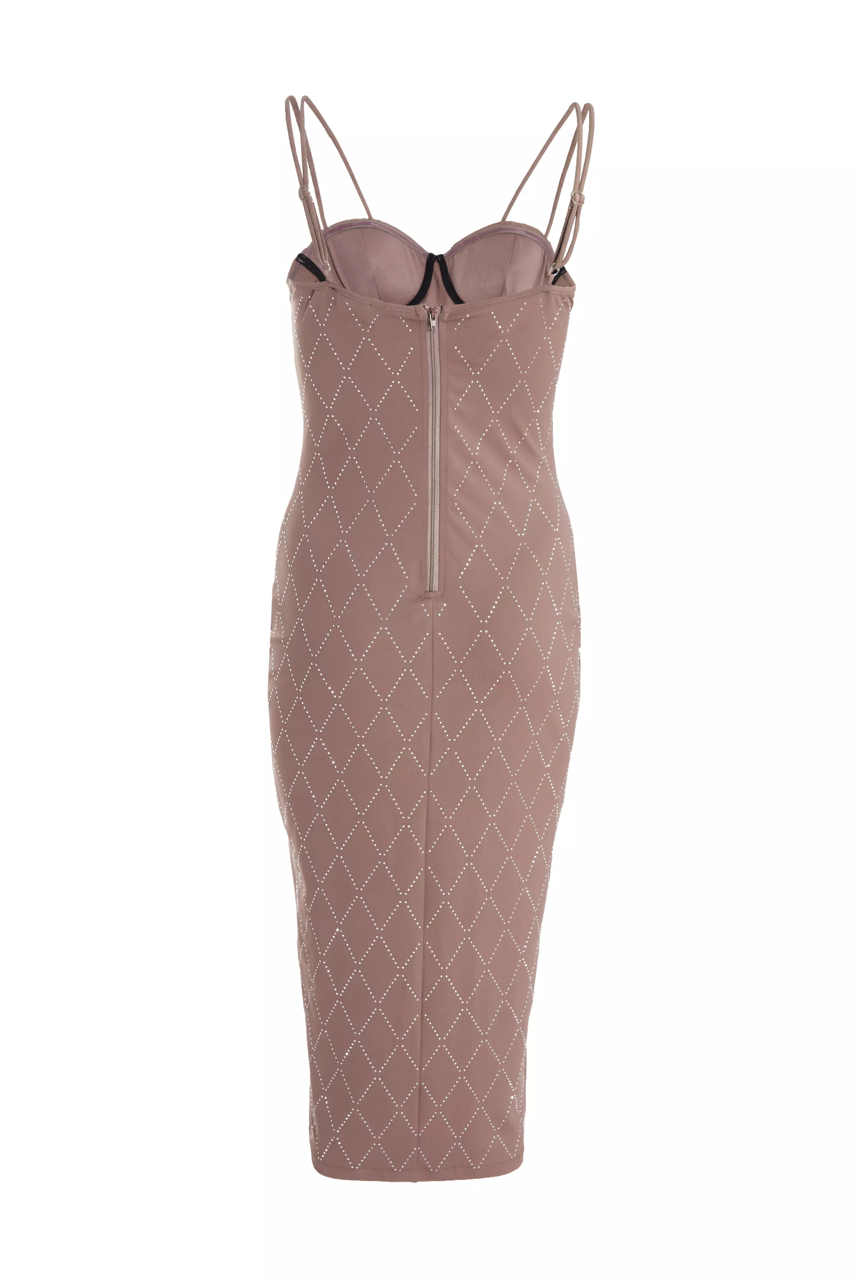 Mocha Rhinestone Bodycon Midi Dress