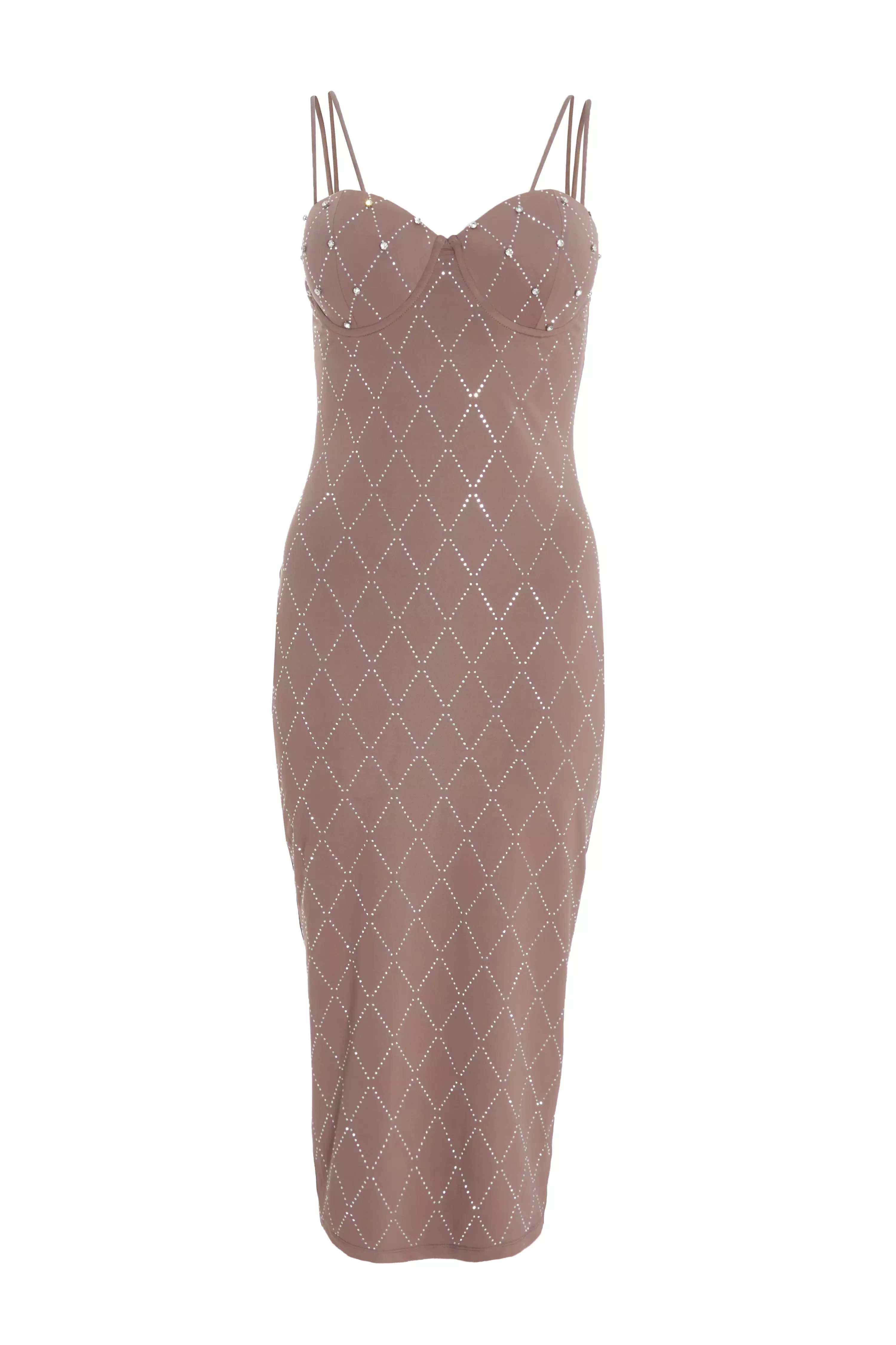 Mocha Rhinestone Bodycon Midi Dress