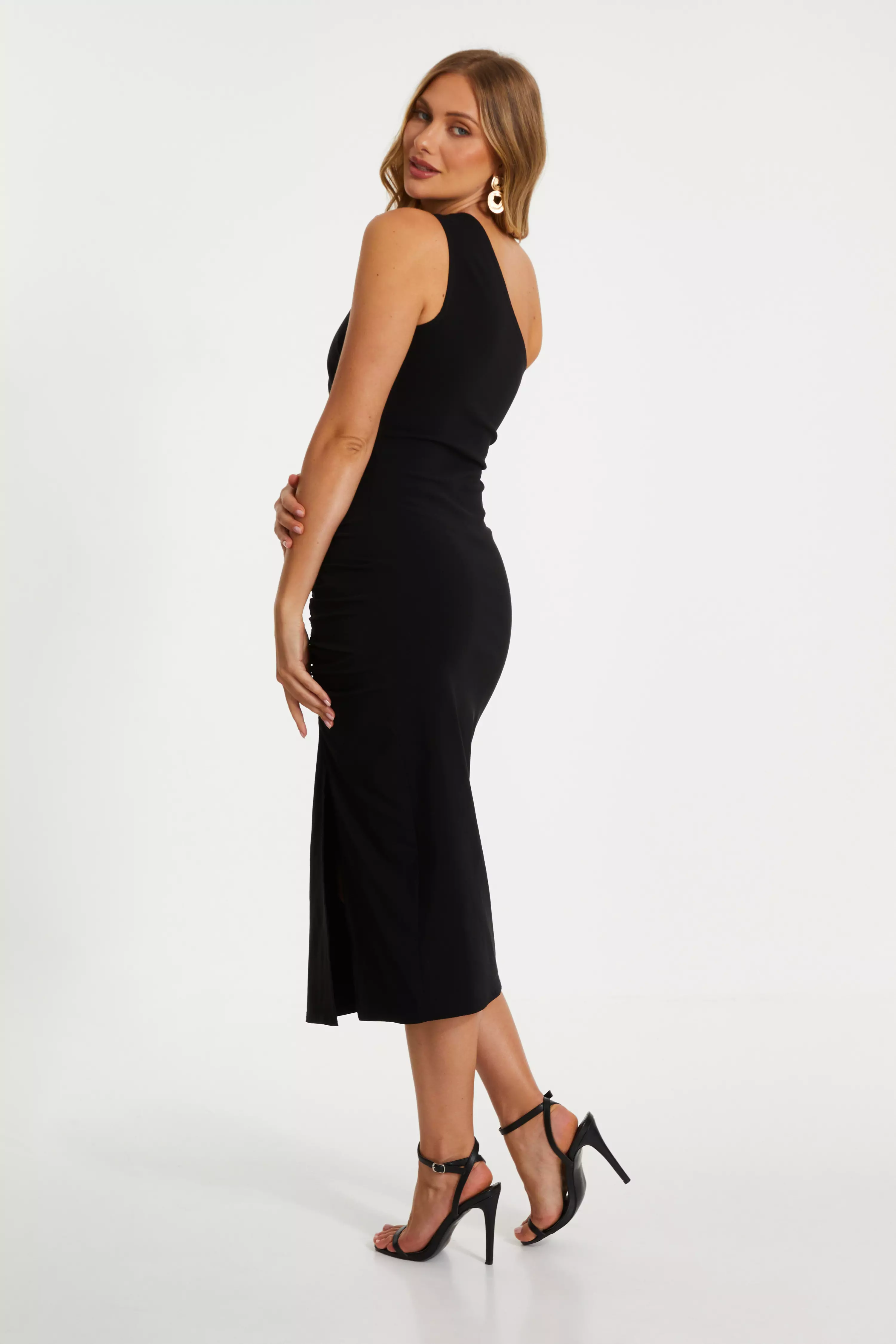 Black Ruched One Shoulder Midaxi Dress