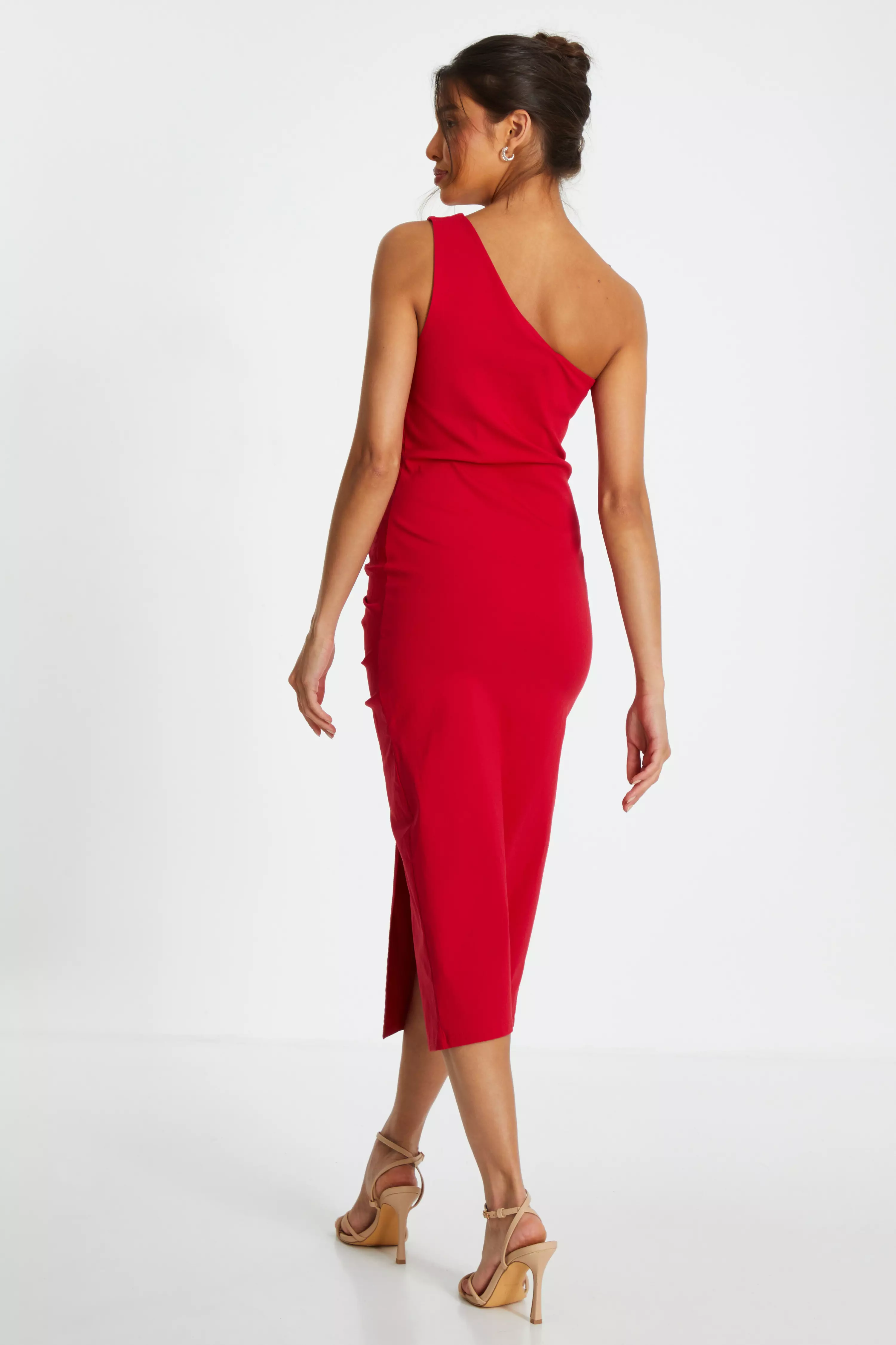 Red Ruched One Shoulder Midaxi Dress