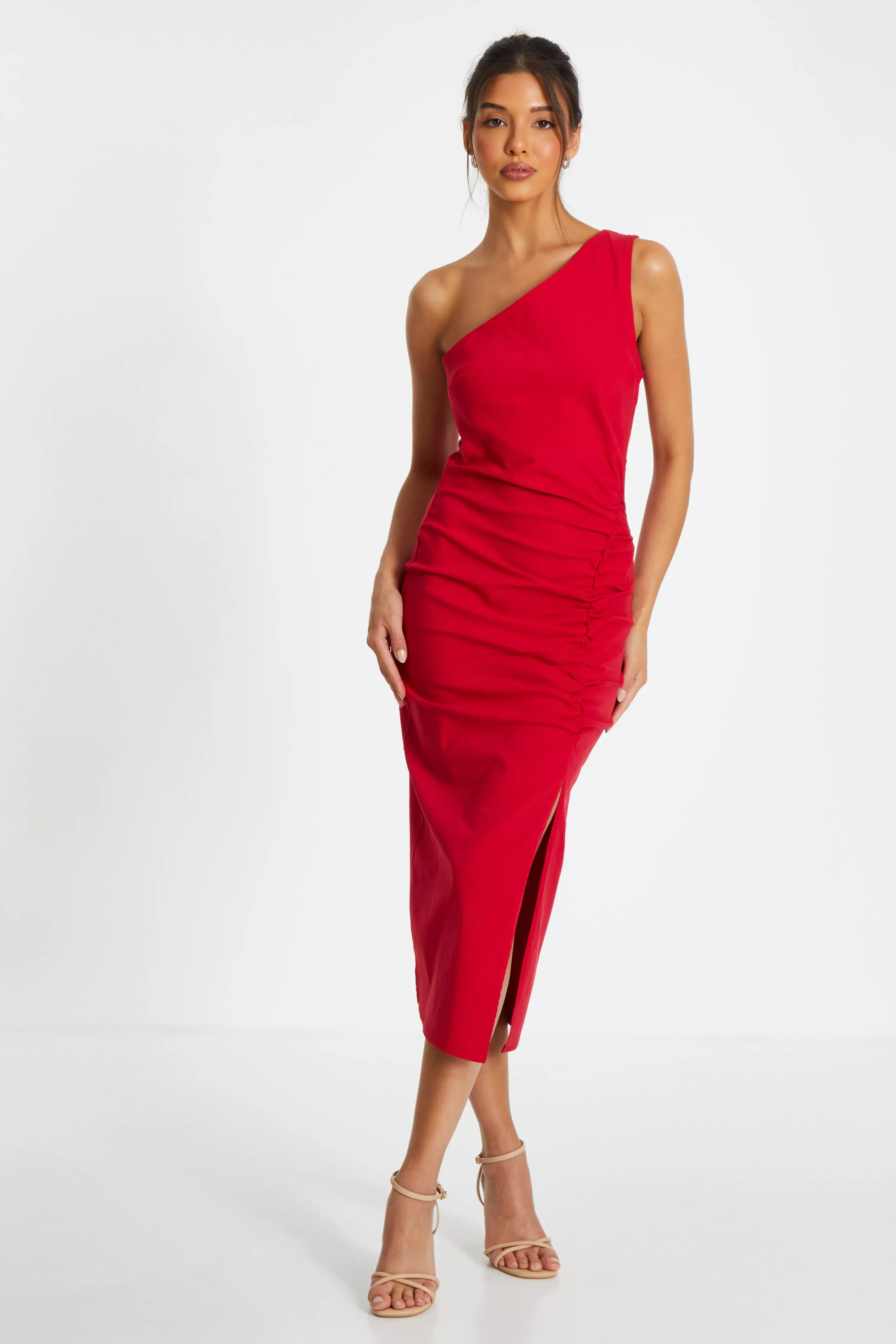 Red Ruched One Shoulder Midaxi Dress