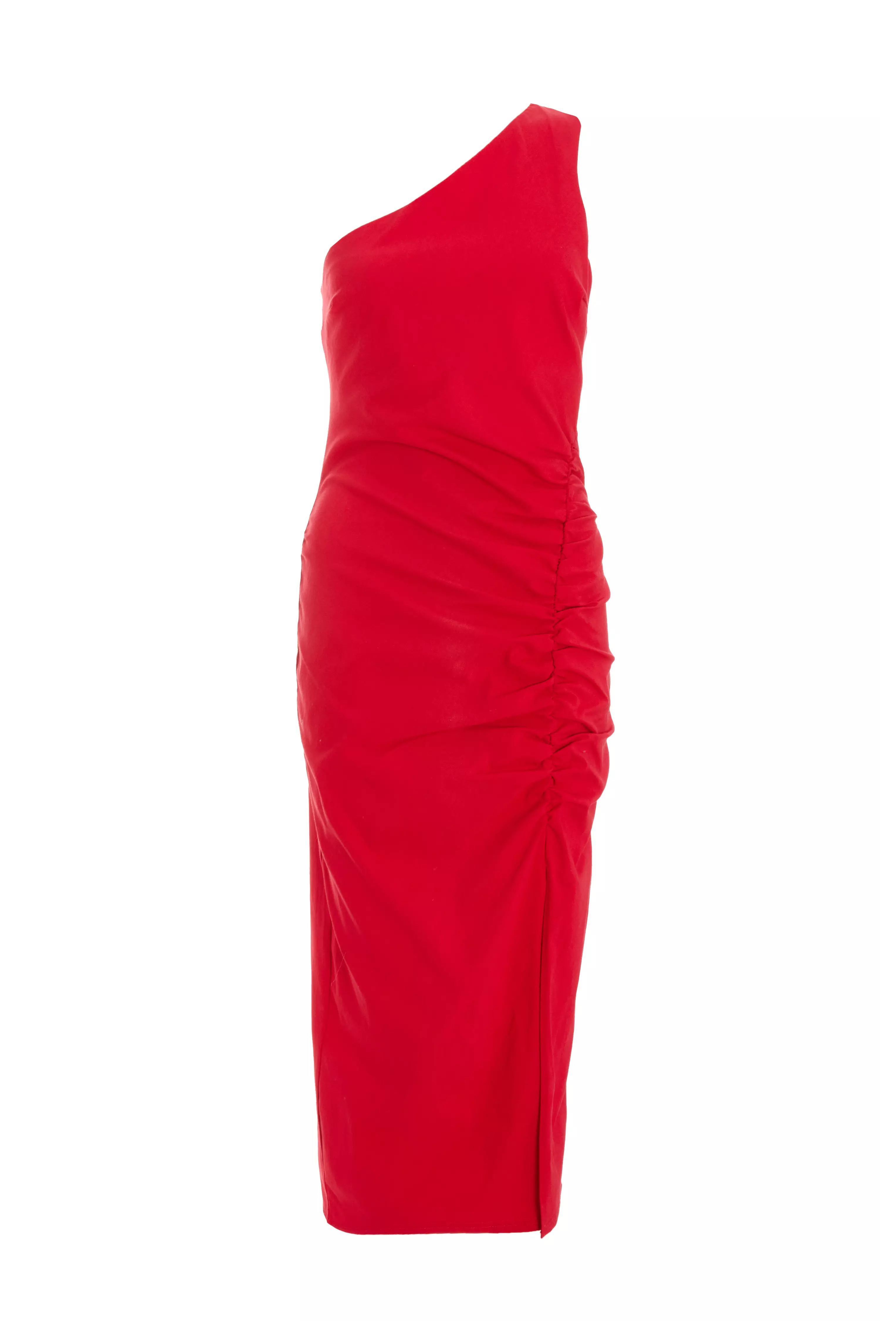 Red Ruched One Shoulder Midaxi Dress