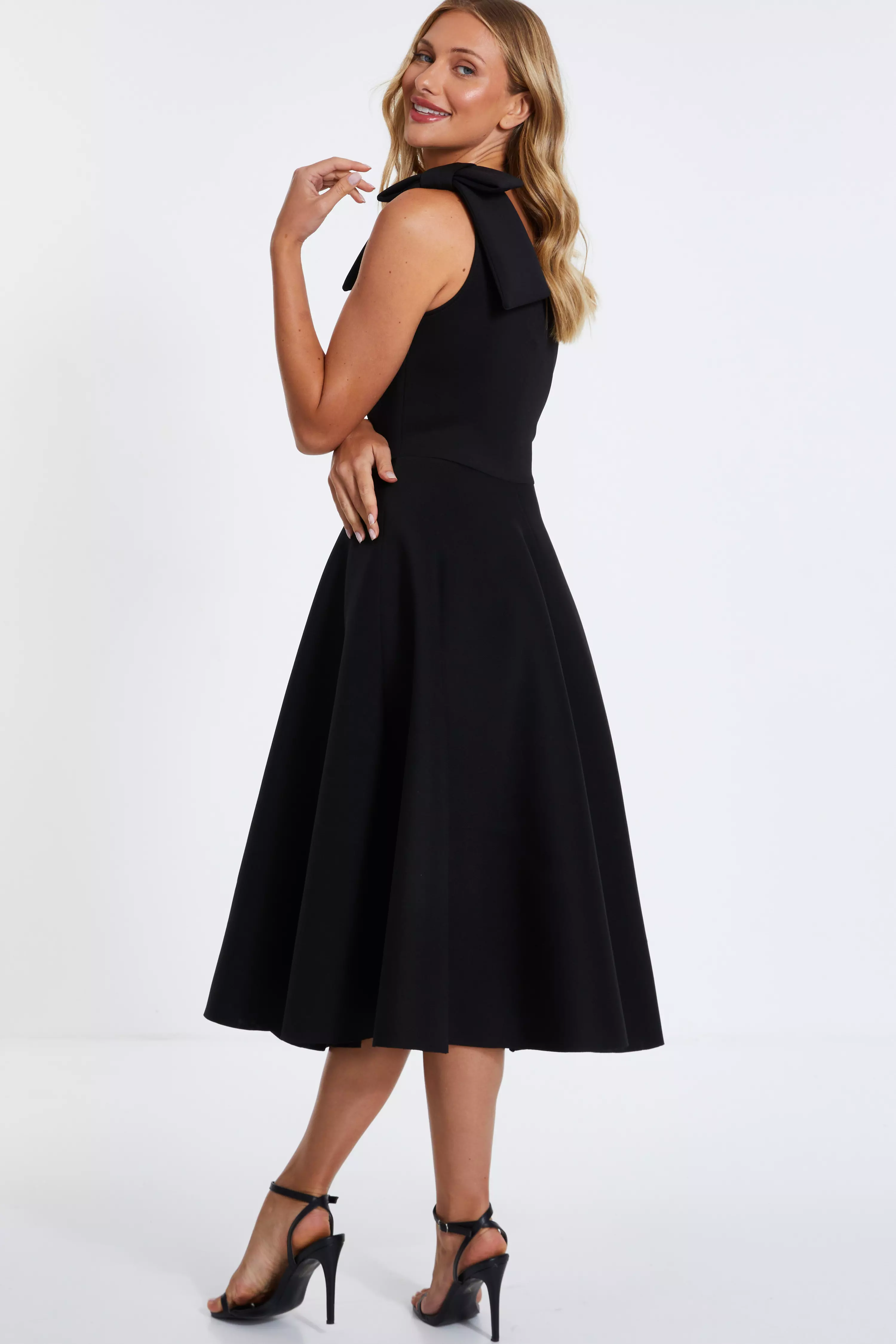 Black One Shoulder Bow Skater Midi Dress