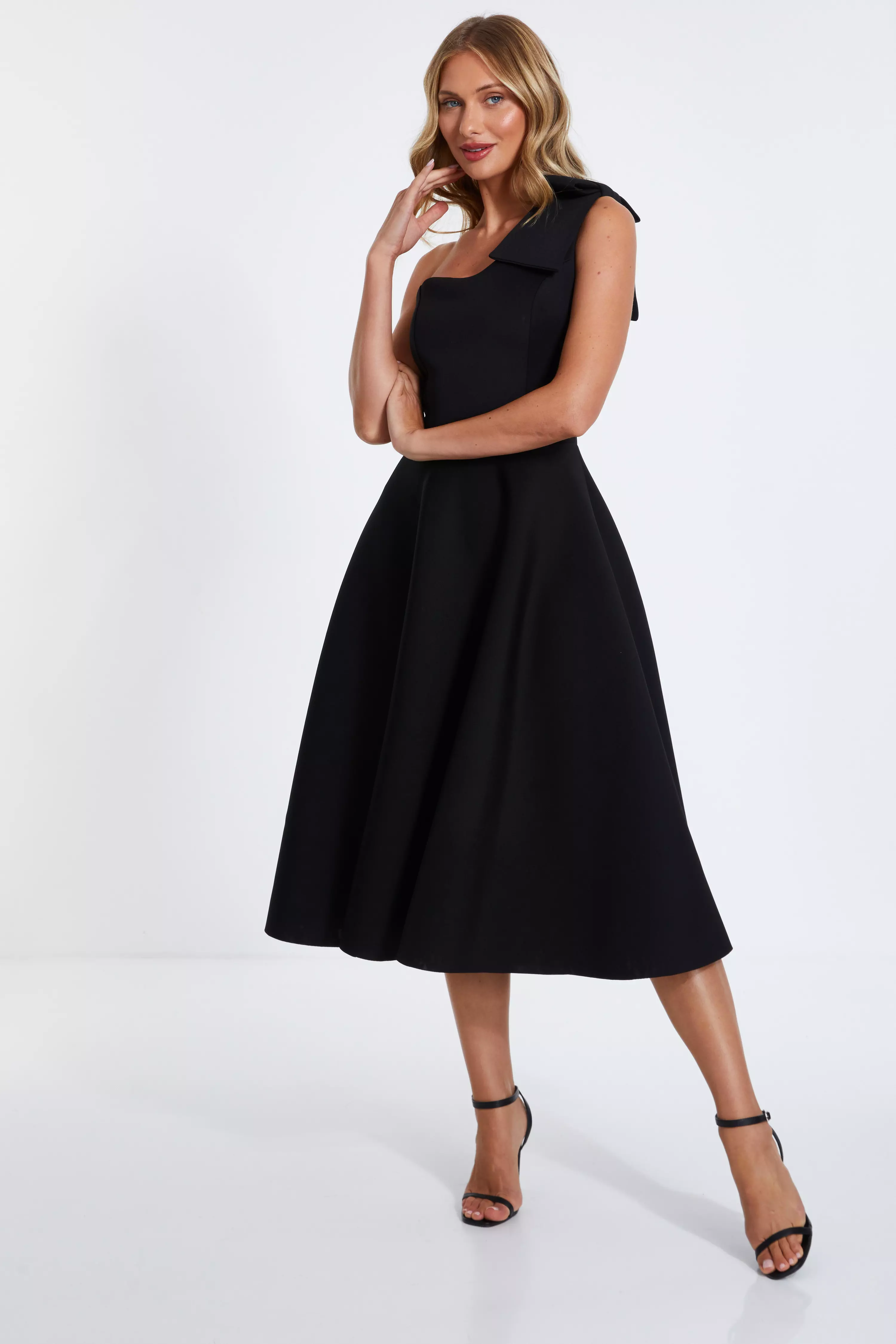 Black One Shoulder Bow Skater Midi Dress