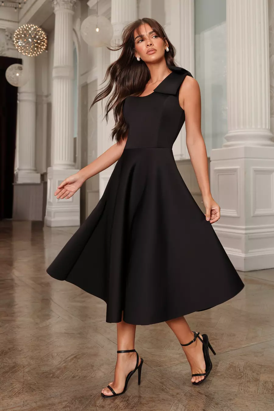 Black One Shoulder Bow Skater Midi Dress QUIZ Clothing