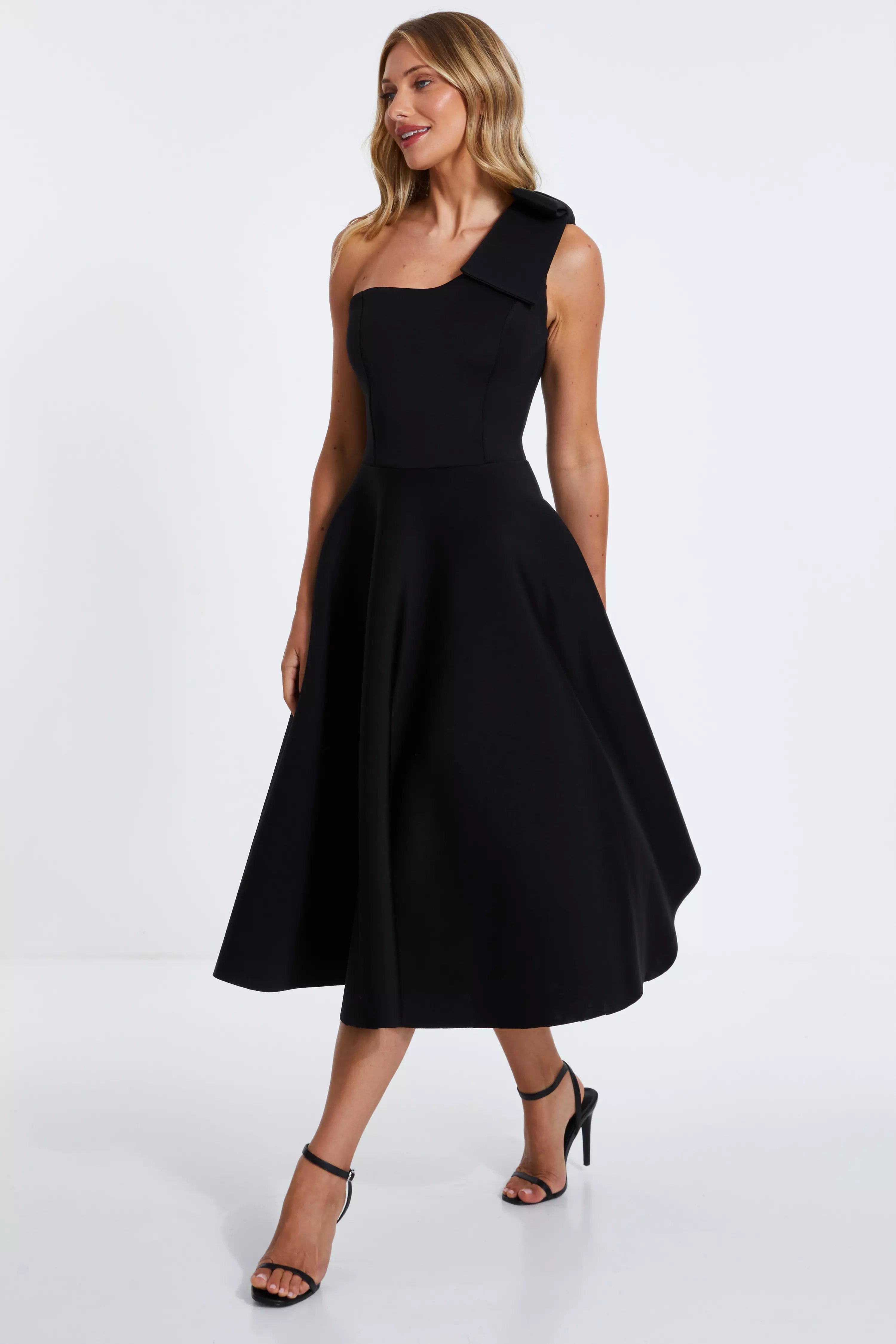 Black One Shoulder Bow Skater Midi Dress