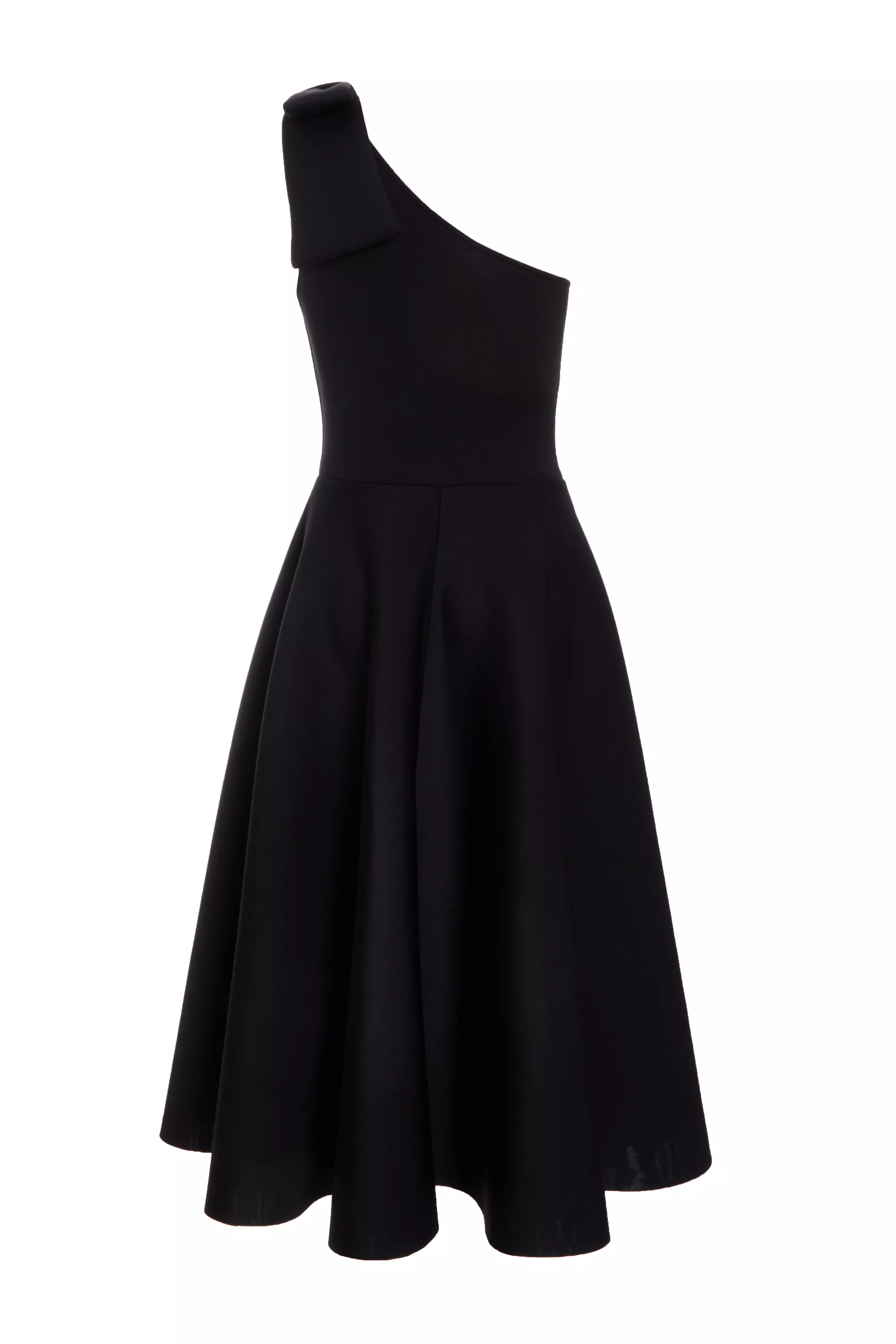 Black One Shoulder Bow Skater Midi Dress