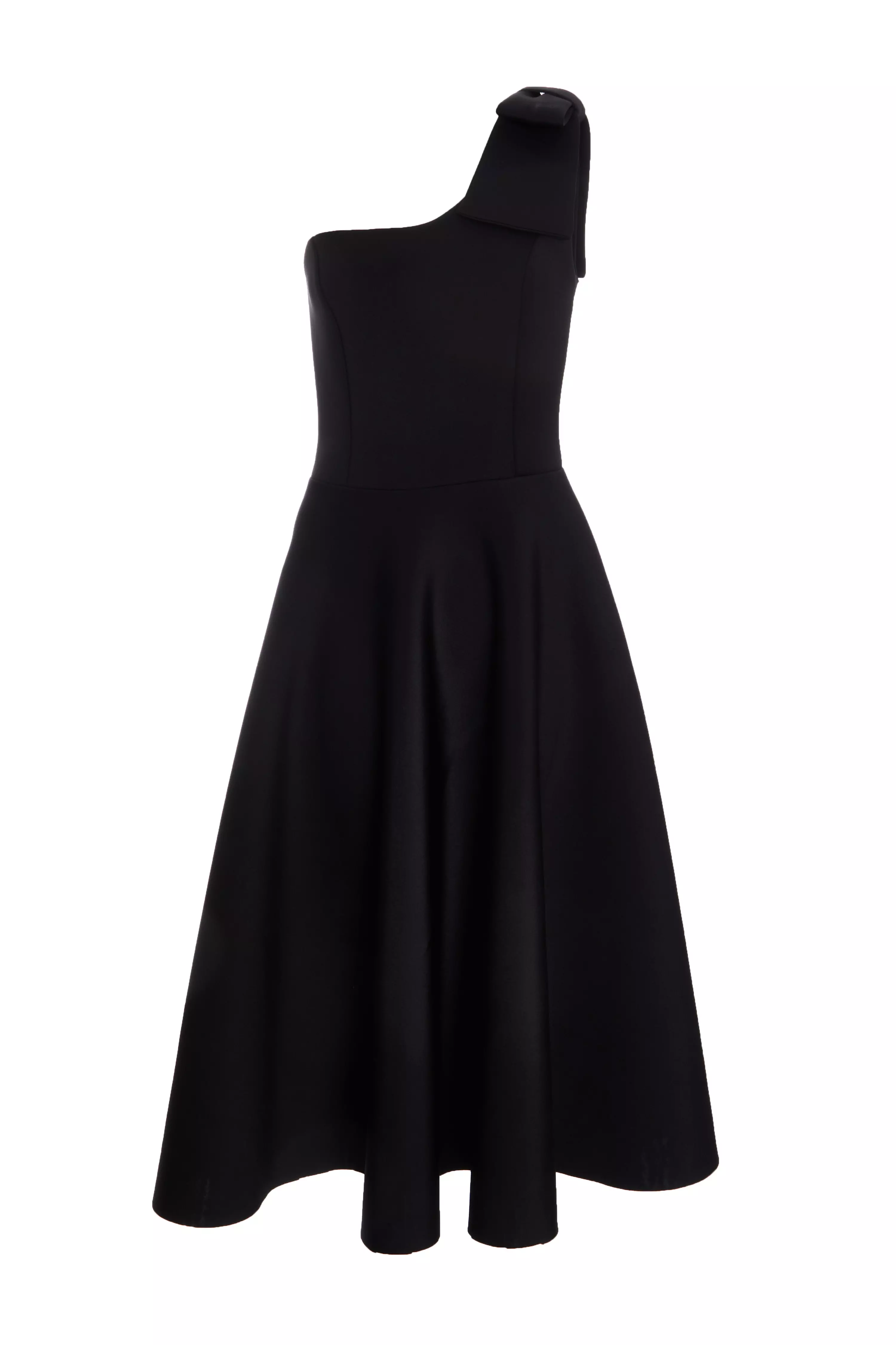 Black One Shoulder Bow Skater Midi Dress