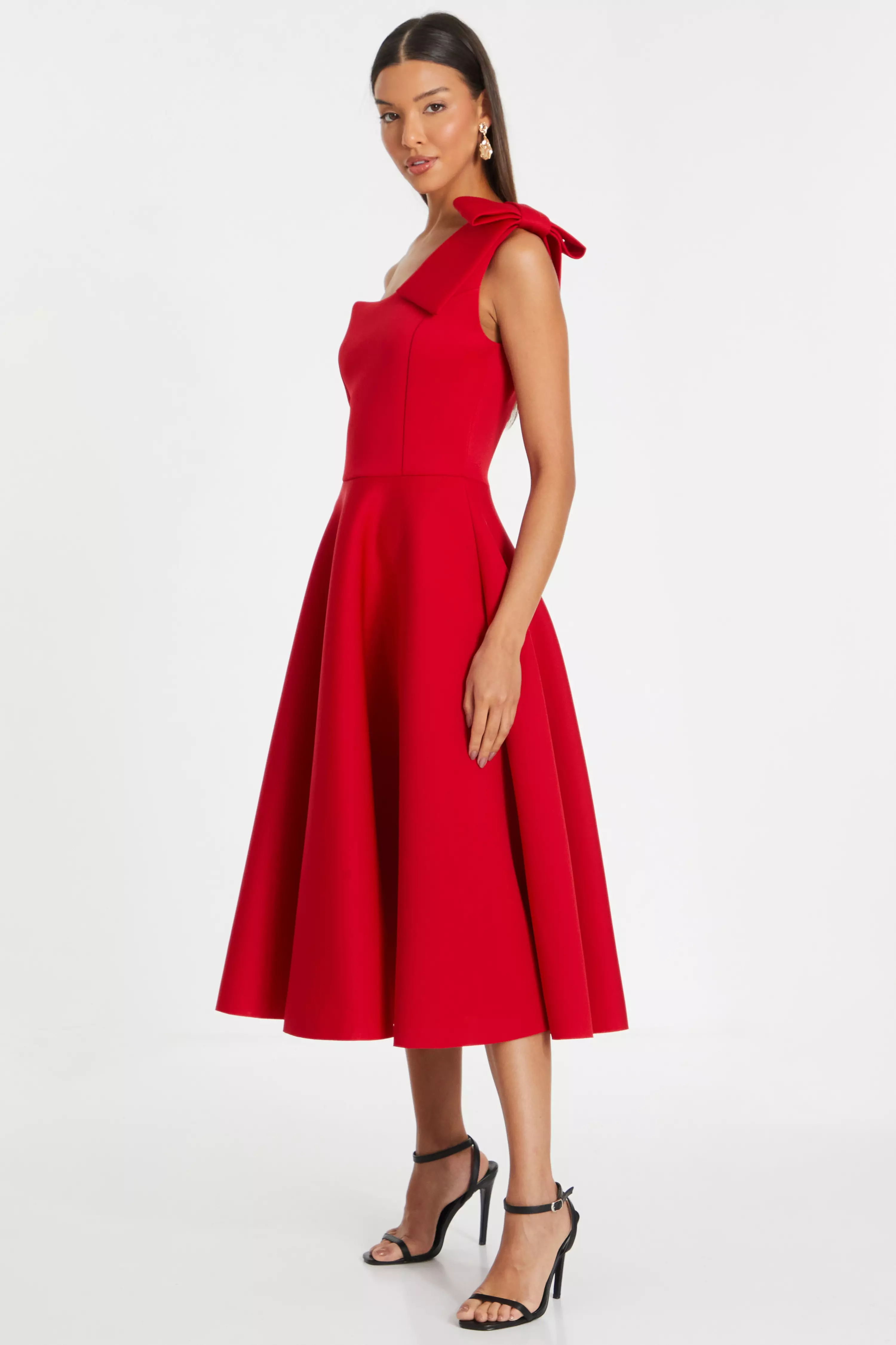 Red One Shoulder Bow Skater Midi Dress