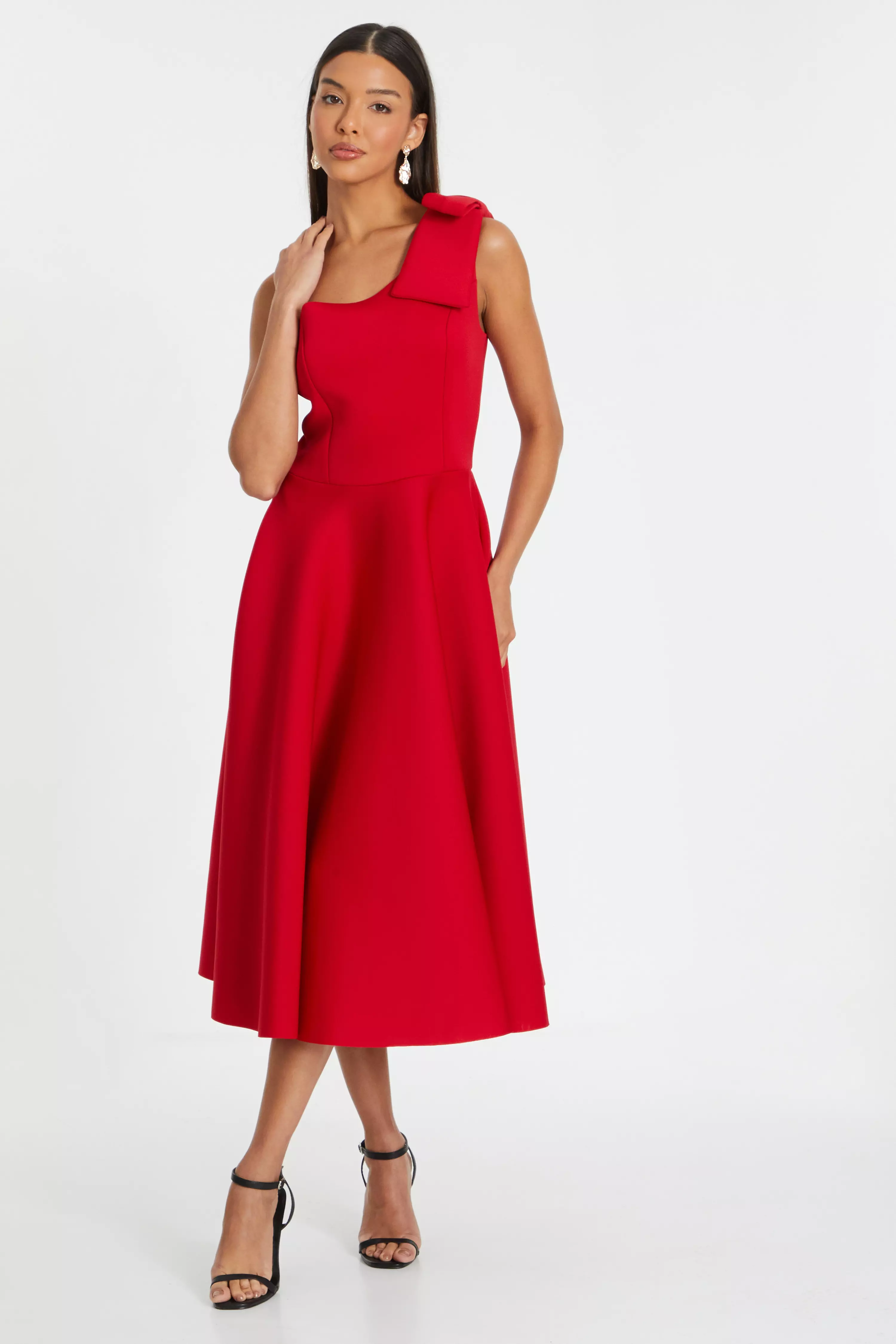 Red One Shoulder Bow Skater Midi Dress