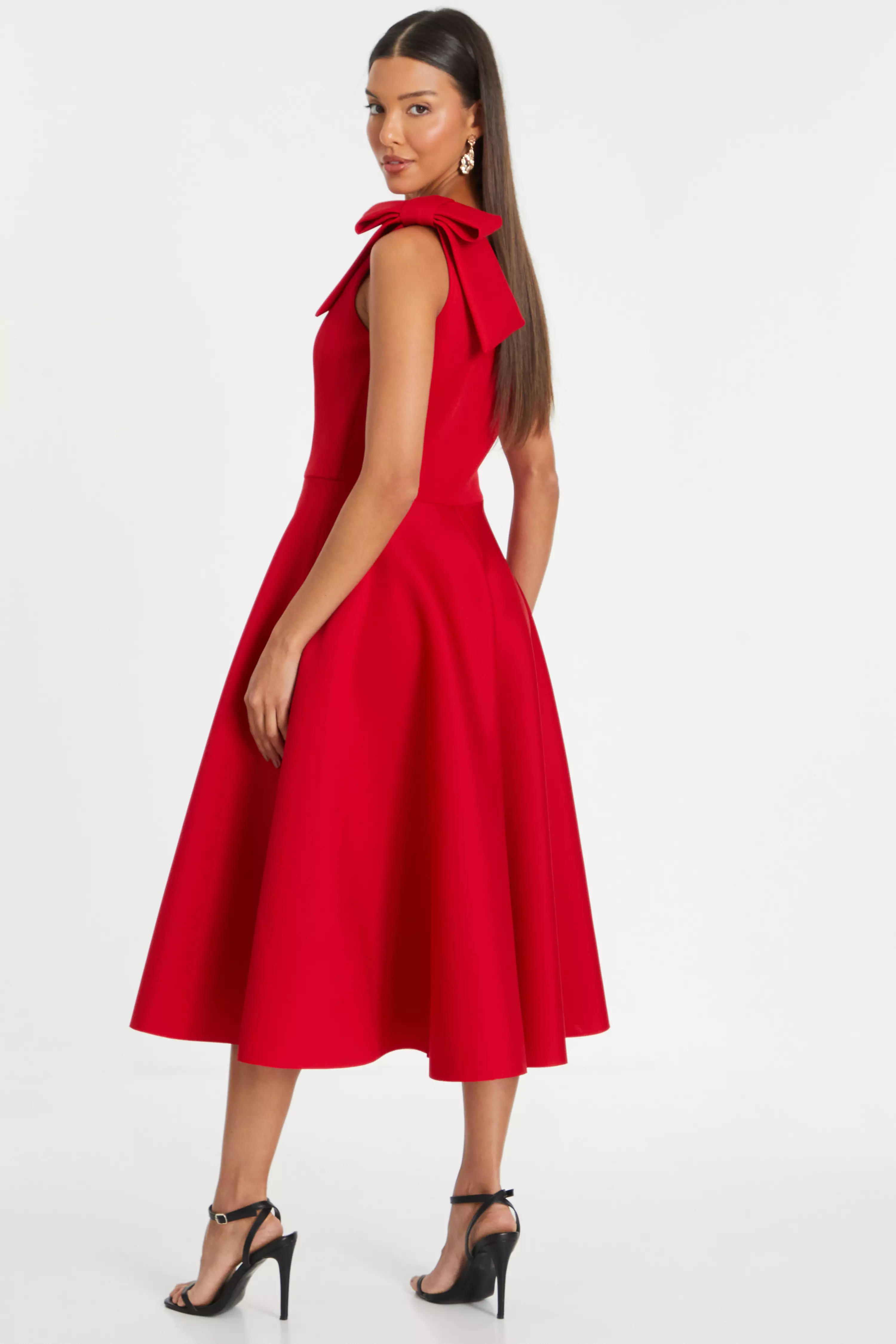 Red One Shoulder Bow Skater Midi Dress